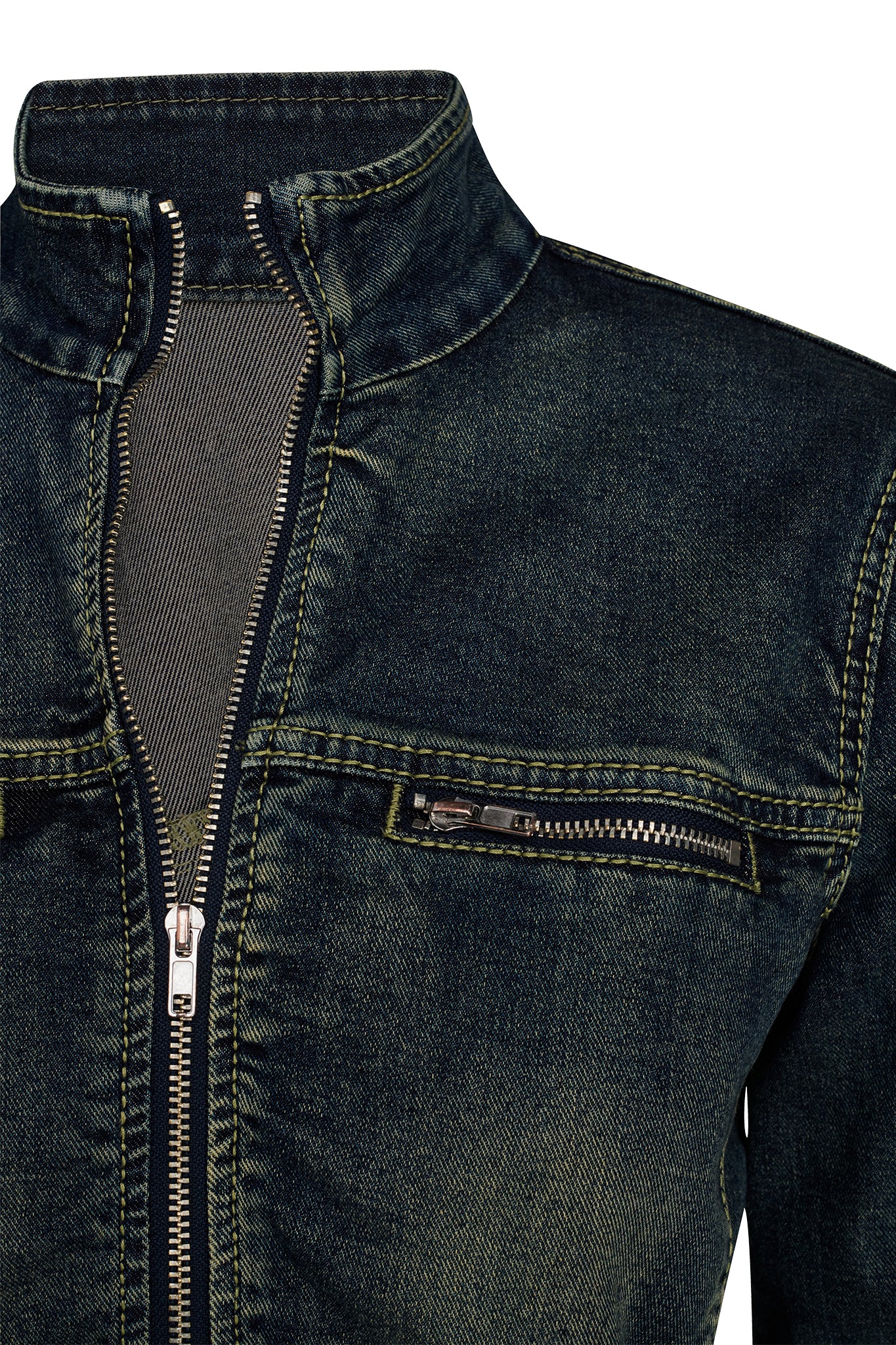 Close-up view of the NYKKO JACKET - BLUE by I.AM.GIA, showcasing its high collar and partially unzipped front. The jacket features a horizontal chest pocket with a zipper, and the fabric has a slightly faded, distressed look.