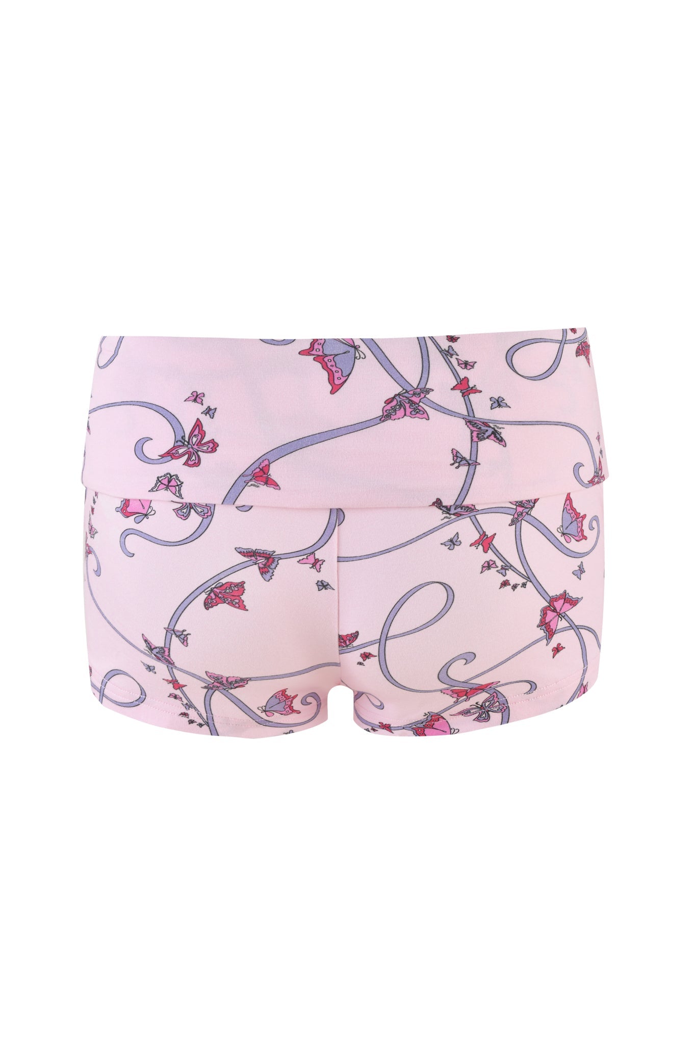 The I.AM.GIA RHIANNON SHORT in pink features a butterfly ribbon print with whimsical swirling lines and birds in pink and purple hues. The charming low-rise design enhances its playful pattern.