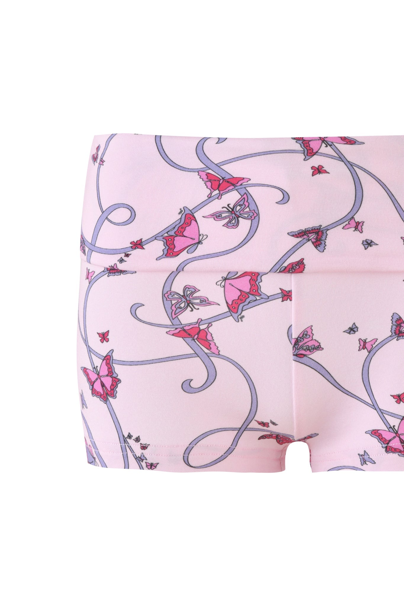The RHIANNON SHORT - PINK from I.AM.GIA features a whimsical butterfly ribbon print with swirling pink and purple lines on a light pink background.