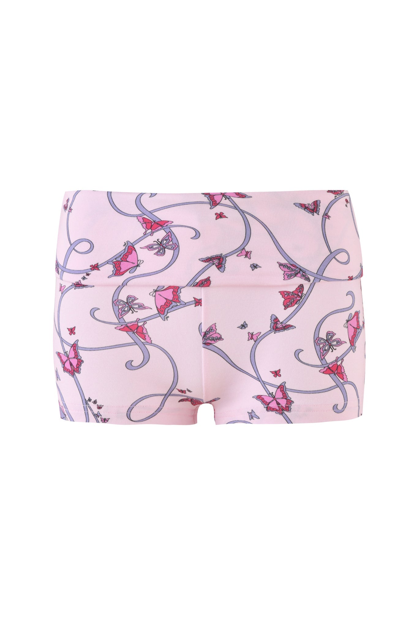 The RHIANNON SHORT - PINK: BUTTERFLY RIBBON by I.AM.GIA features a whimsical butterfly ribbon print with fairies and swirling ribbons in purple and pink. These playful low-rise shorts boast an all-over pattern.