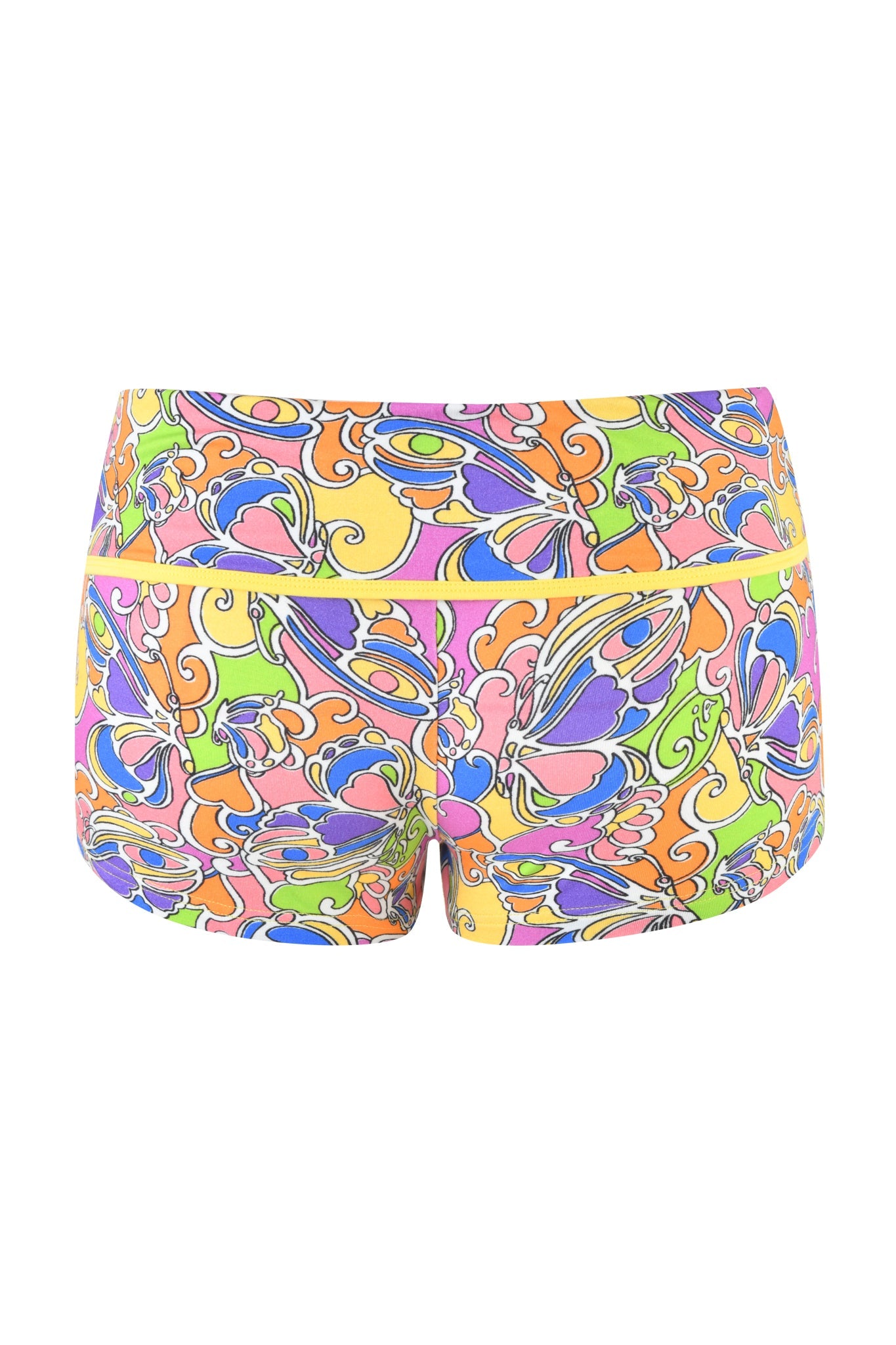 The I.AM.GIA RHIANNON SHORT - TROPICAL BUTTERFLY BLOOM are fitted women’s micro mini shorts with a vivid psychedelic butterfly and floral print in swirling orange, yellow, pink, blue, green, and purple tones, shown front view on a white background.