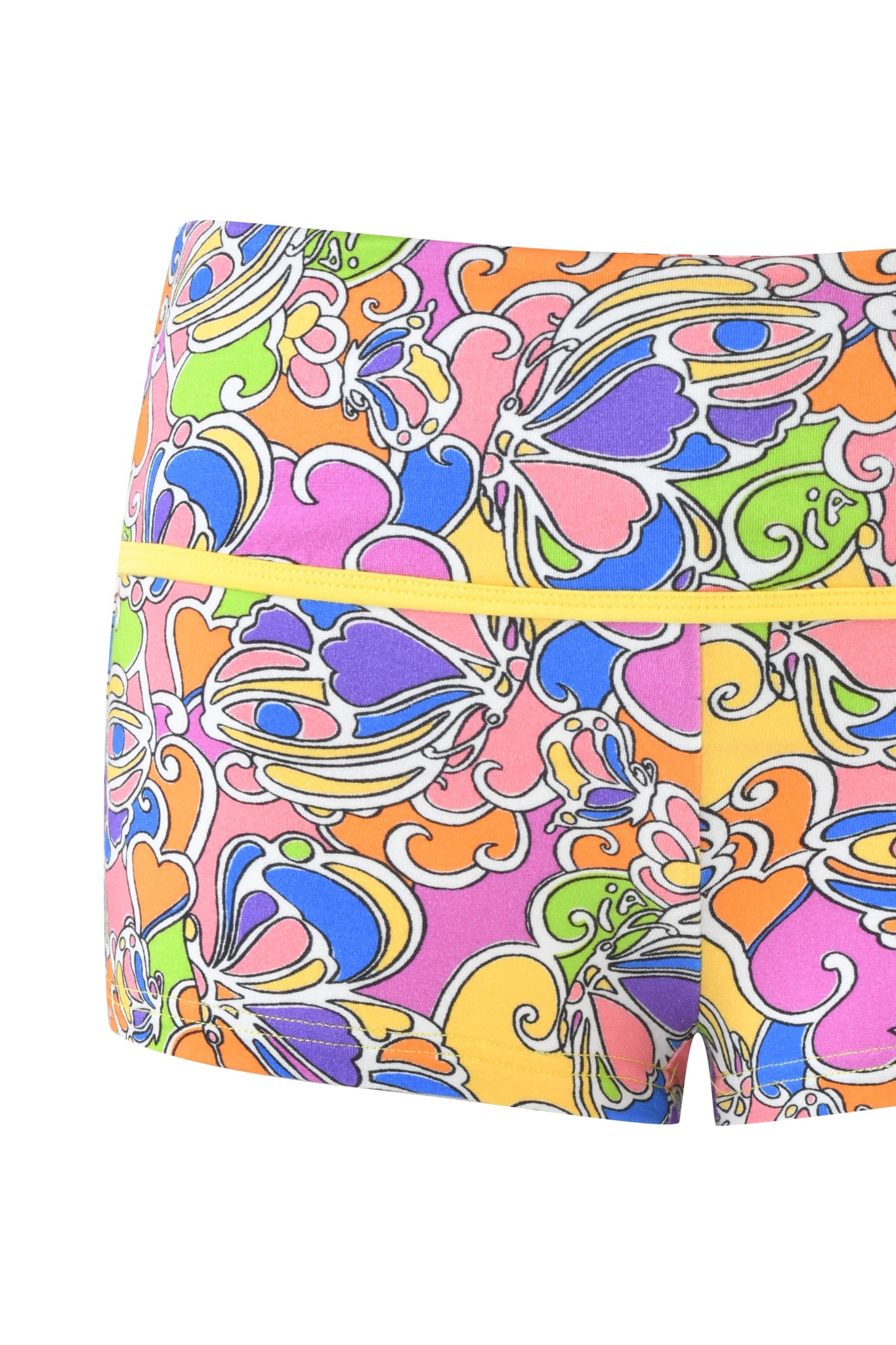 Close-up of the I.AM.GIA RHIANNON SHORT in Tropical Butterfly Bloom, featuring a vibrant retro print with pink, yellow, orange, blue, green, and purple butterflies on a white base.