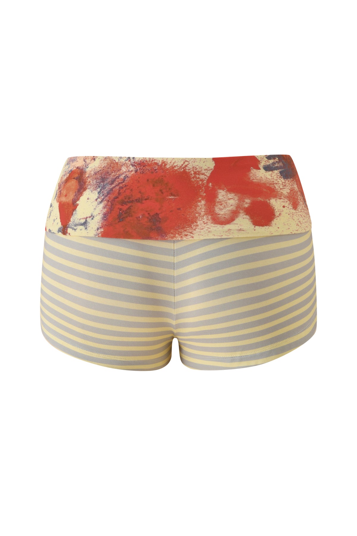 The T-REX BLARE 2.0 SHORT - YELLOW by I.AM.GIA features yellow and gray stripe print with a red and dark blue abstract paint splatter design on the foldover waistband, displayed on a plain white background.