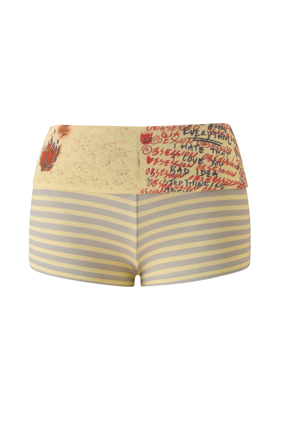 The T-REX BLARE 2.0 SHORT - YELLOW by I.AM.GIA features a high-waisted silhouette with gray and yellow horizontal stripes, a foldover waistband adorned with red handwritten text, a flaming heart graphic, and distressed sand-like detailing.