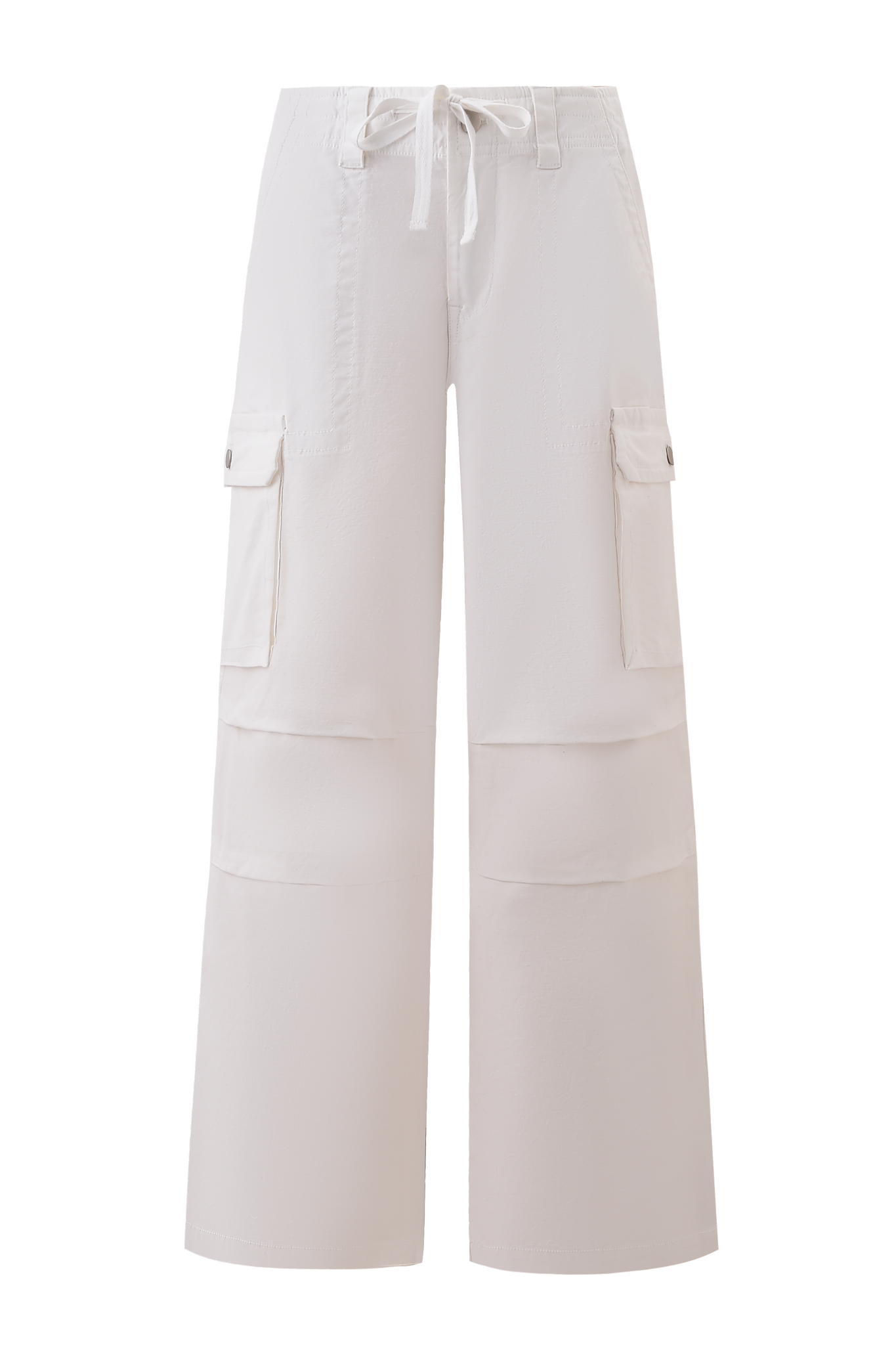 The I.AM.GIA JAXXON PANT - WHITE is a relaxed-fit, white wide-leg cargo pant with a vintage wash, elastic waistband, drawstring tie, and large side pockets, shown against a plain background.