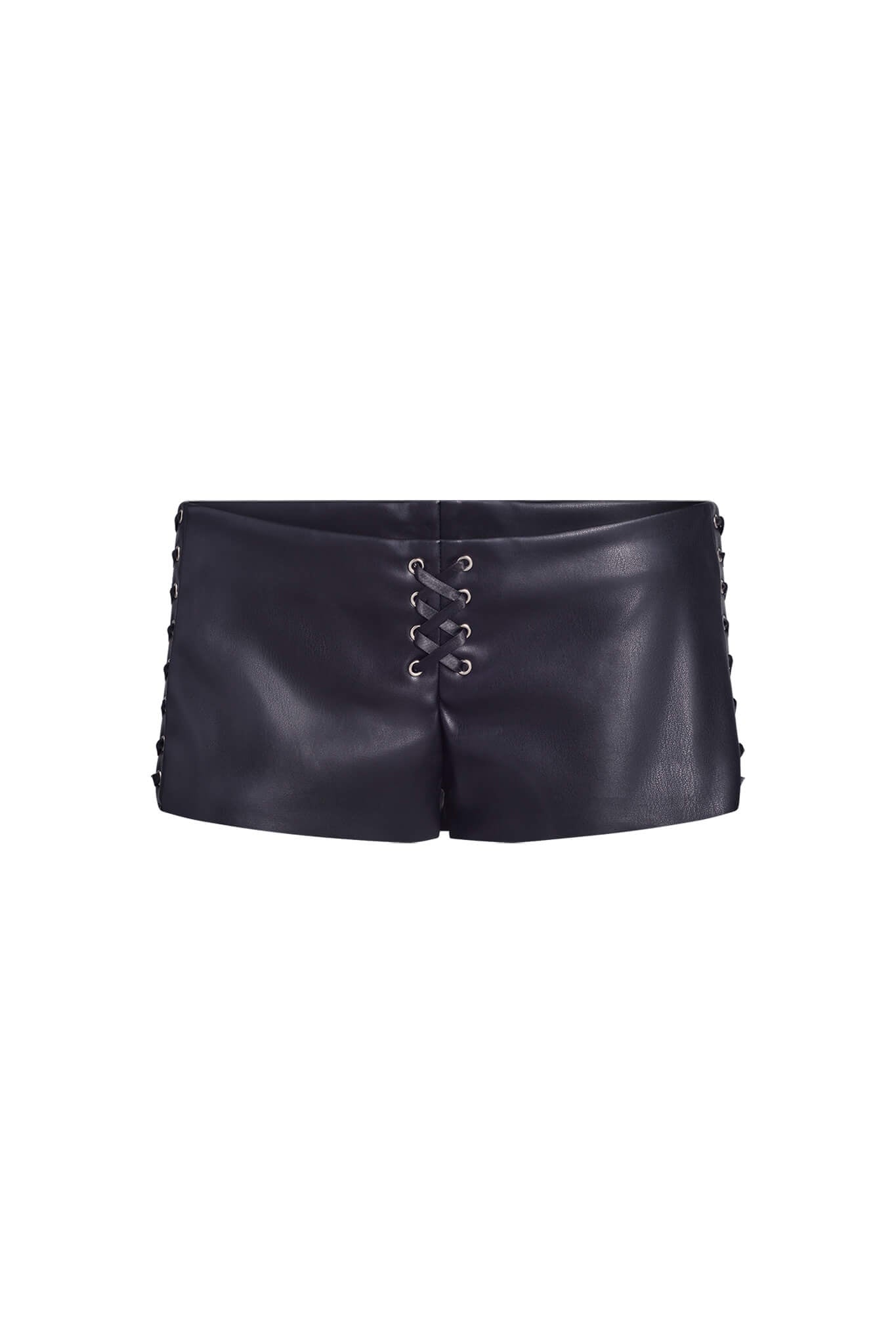 The RAMONA SHORT - BLACK from I.AM.GIA is a pair of black leather shorts with a lace-up front design. The lacing extends along the sides, giving it a corset-like appearance. These shorts boast a sleek and stylish look with a slightly glossy finish, all displayed against a plain white background.