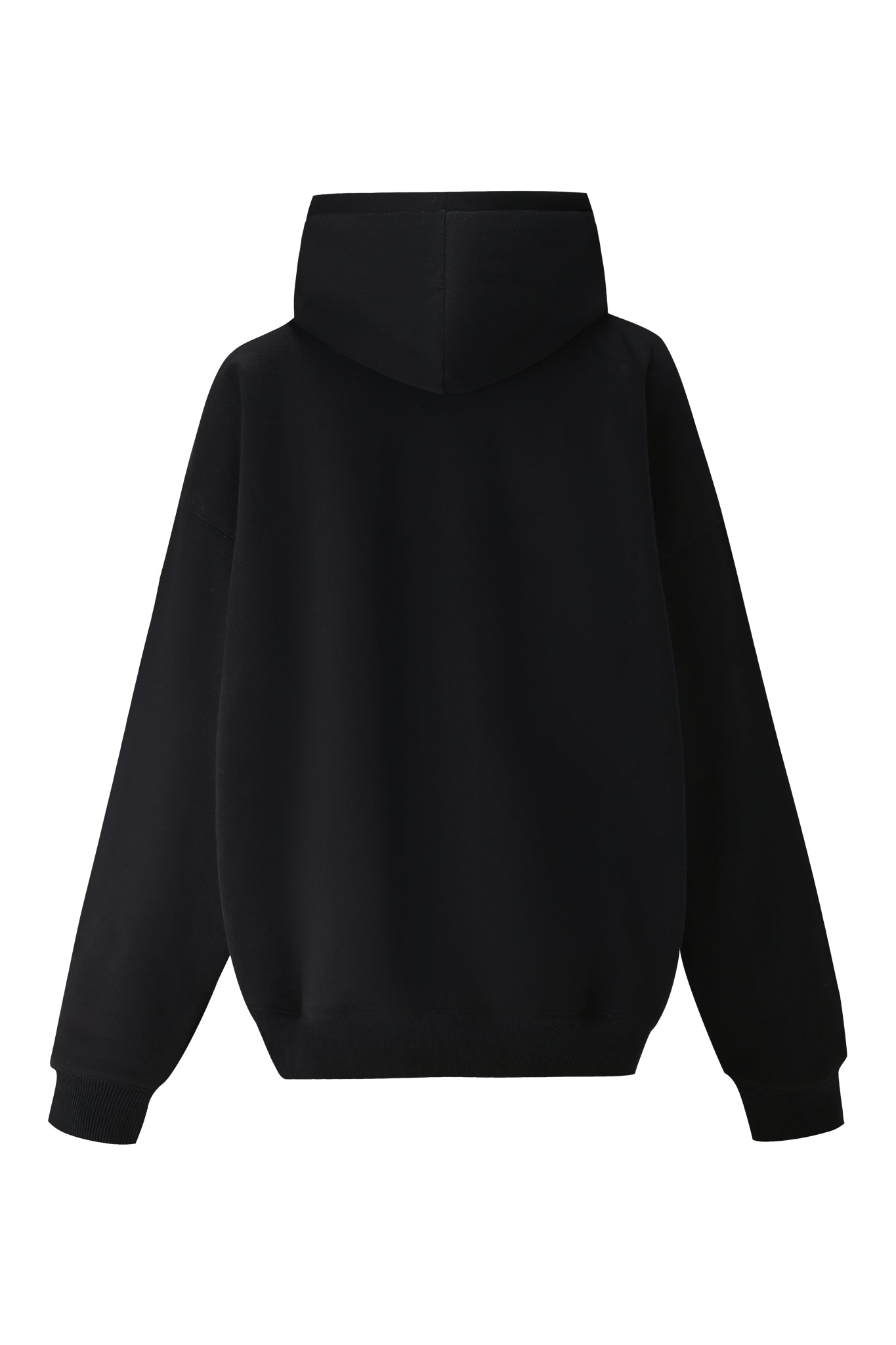 The DORIAN HOODIE - BLACK by I.AM.GIA features a relaxed oversized fit, long sleeves, ribbed cuffs, and subtle brand logo detailing shown from the back.