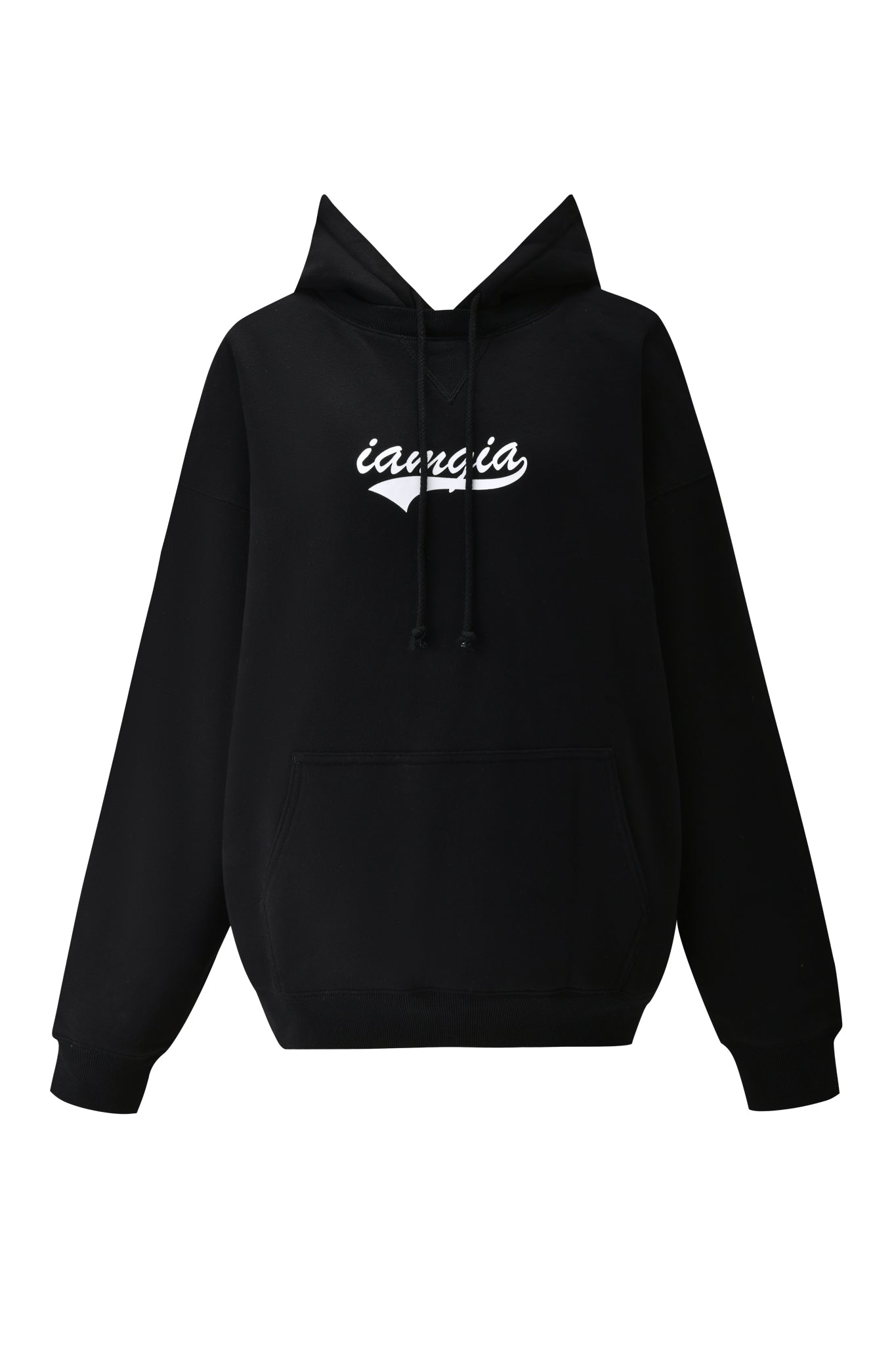 The DORIAN HOODIE - BLACK by I.AM.GIA is an oversized black hoodie featuring a front pocket and "iaeria" in white cursive on the chest, inspired by the iconic Dorian style.