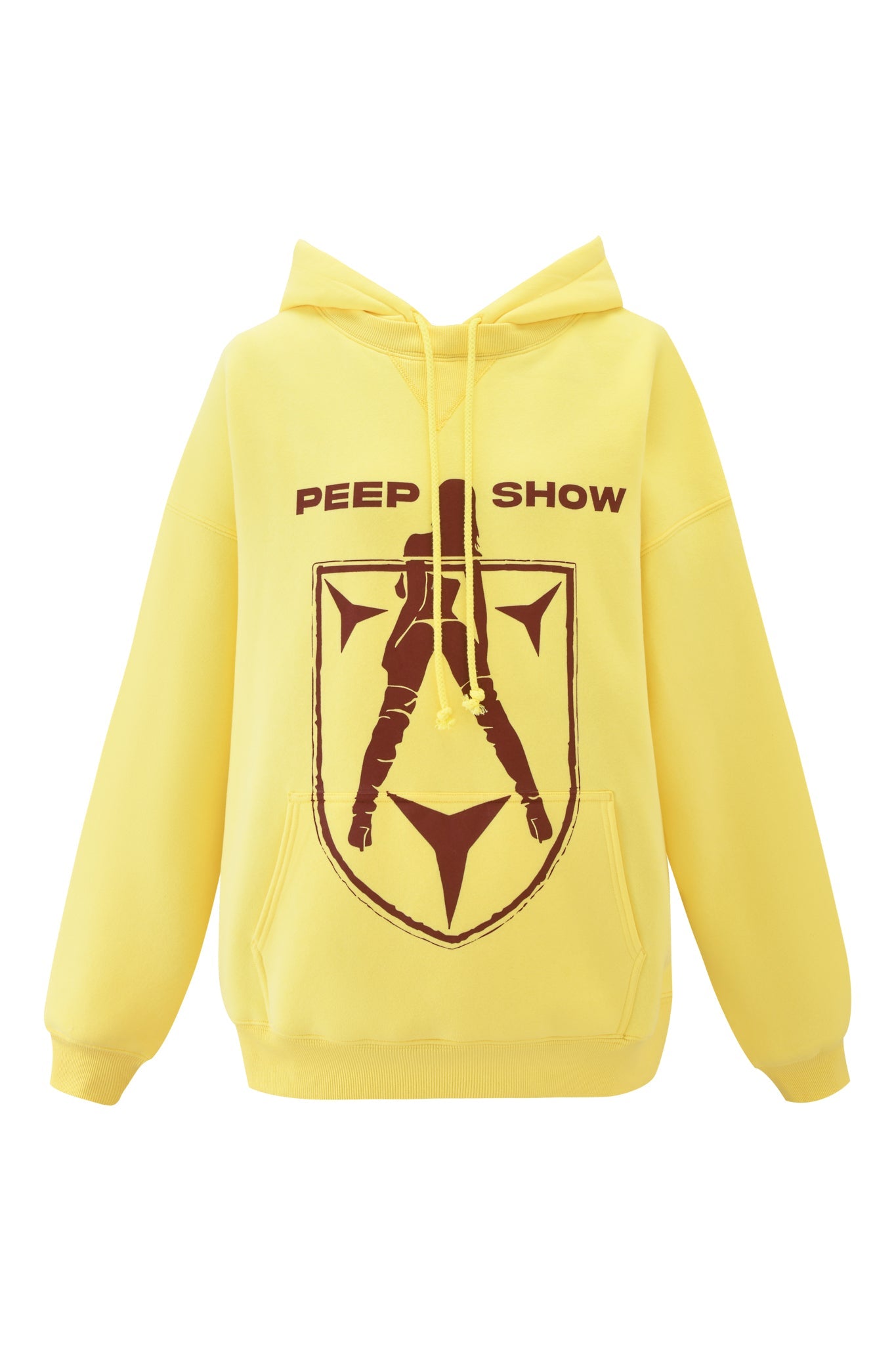 The DORIAN HOODIE - YELLOW by I.AM.GIA features custom artwork of stylized legs in thigh-high boots inside a shield, with "PEEP SHOW" above. This oversized hoodie makes a bold statement.