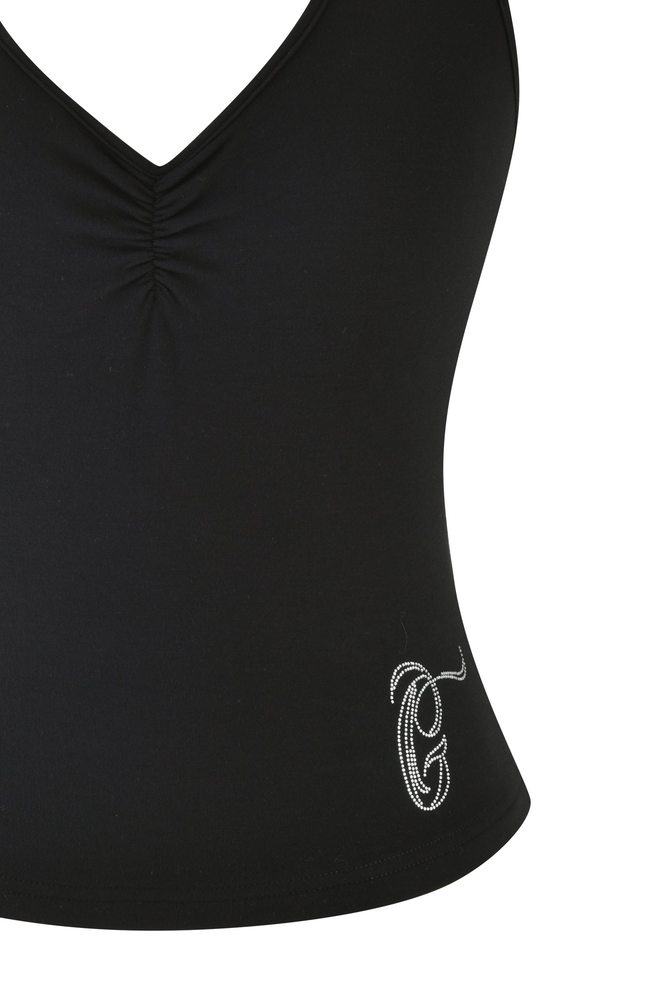 Close-up of the I.AM.GIA CELESTE TOP - BLACK, a sleeveless garment with a deep neckline and halter neck strap. Subtle gathered detail at the center enhances its bodycon silhouette, while the bottom corner features a decorative letter "C" in white.