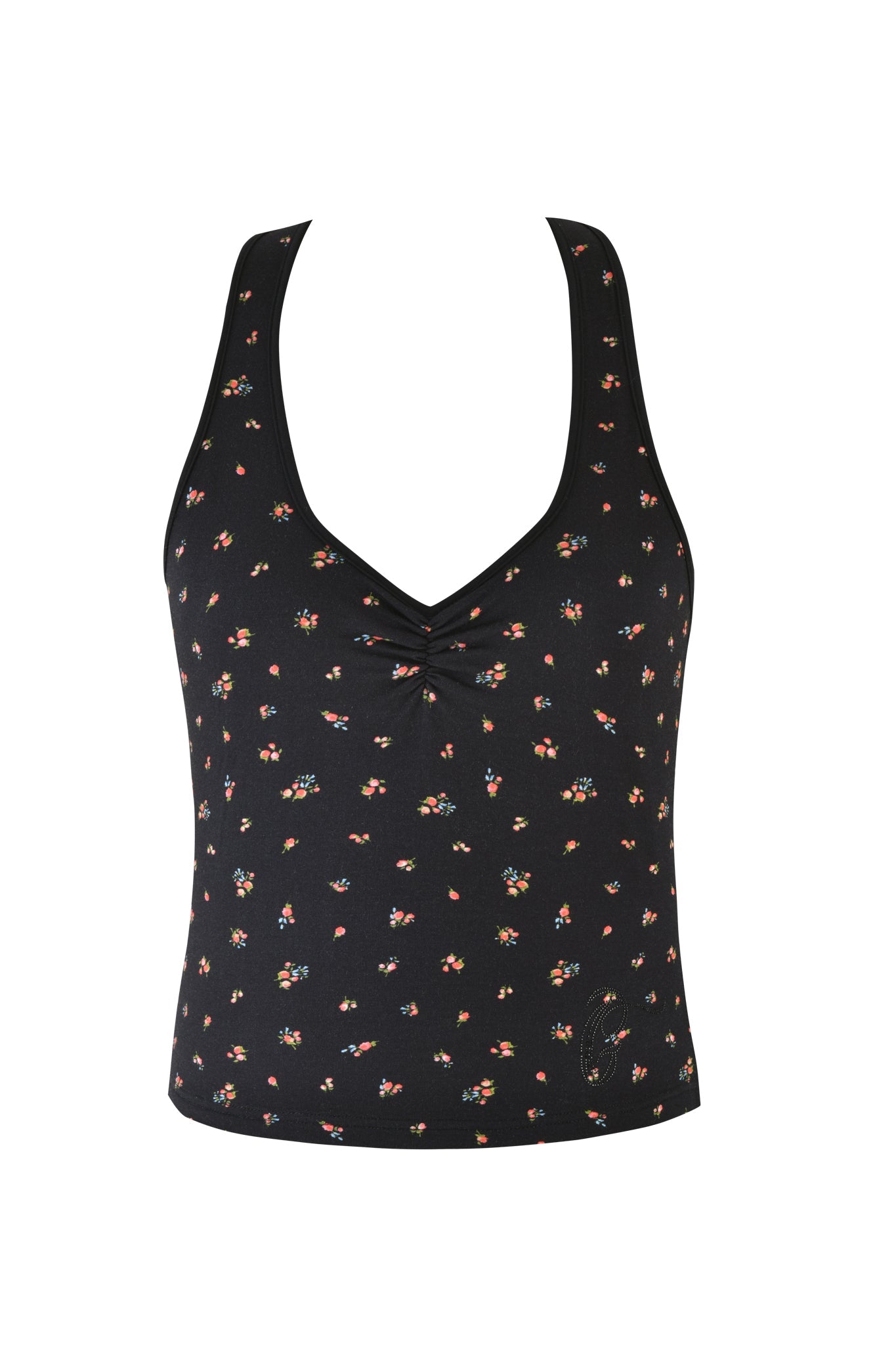 The I.AM.GIA Celeste Top in black boasts a sleeveless, bodycon silhouette with a deep V-neck and front twist detail. Adorned with a ditsy floral print of small, multicolored patterns, it adds charm and elegance to any outfit.