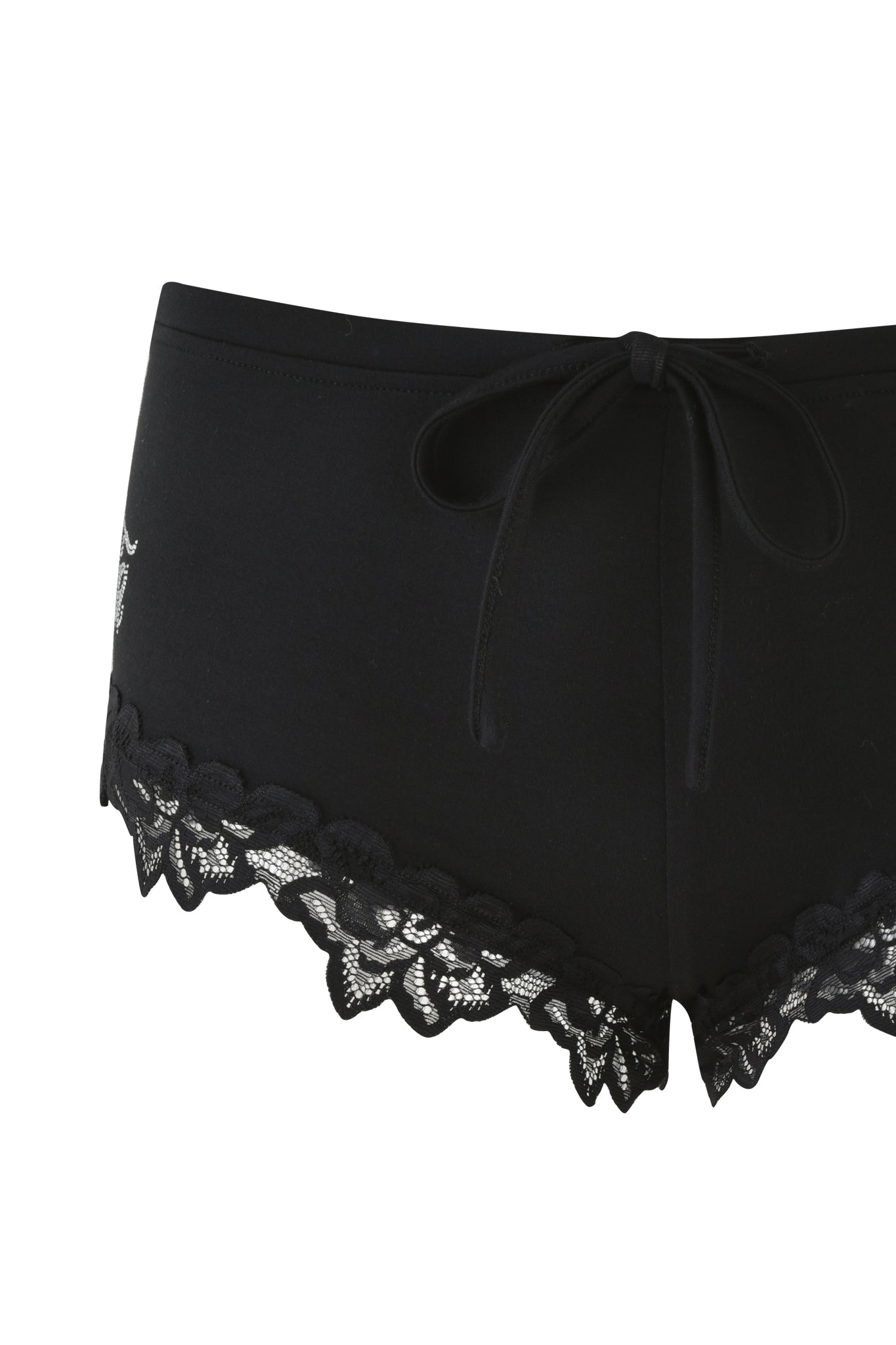 The CELESTE SHORT - BLACK by I.AM.GIA showcases a figure-hugging silhouette, elegantly finished with black lace trim and a front ribbon tie.
