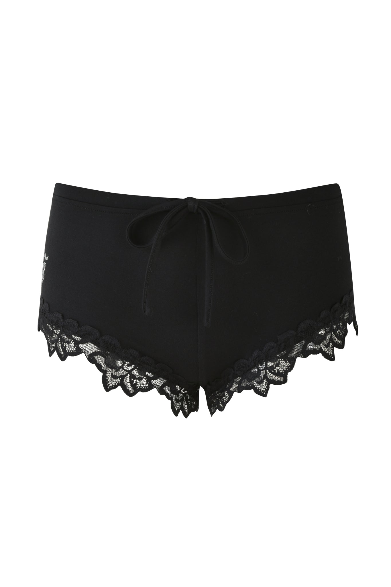 The CELESTE SHORT - BLACK by I.AM.GIA showcases a bodycon silhouette, enhanced with black lace trim at the hem and a stylish drawstring tie at the waist, providing an elegant decorative element to its sleek fabric.
