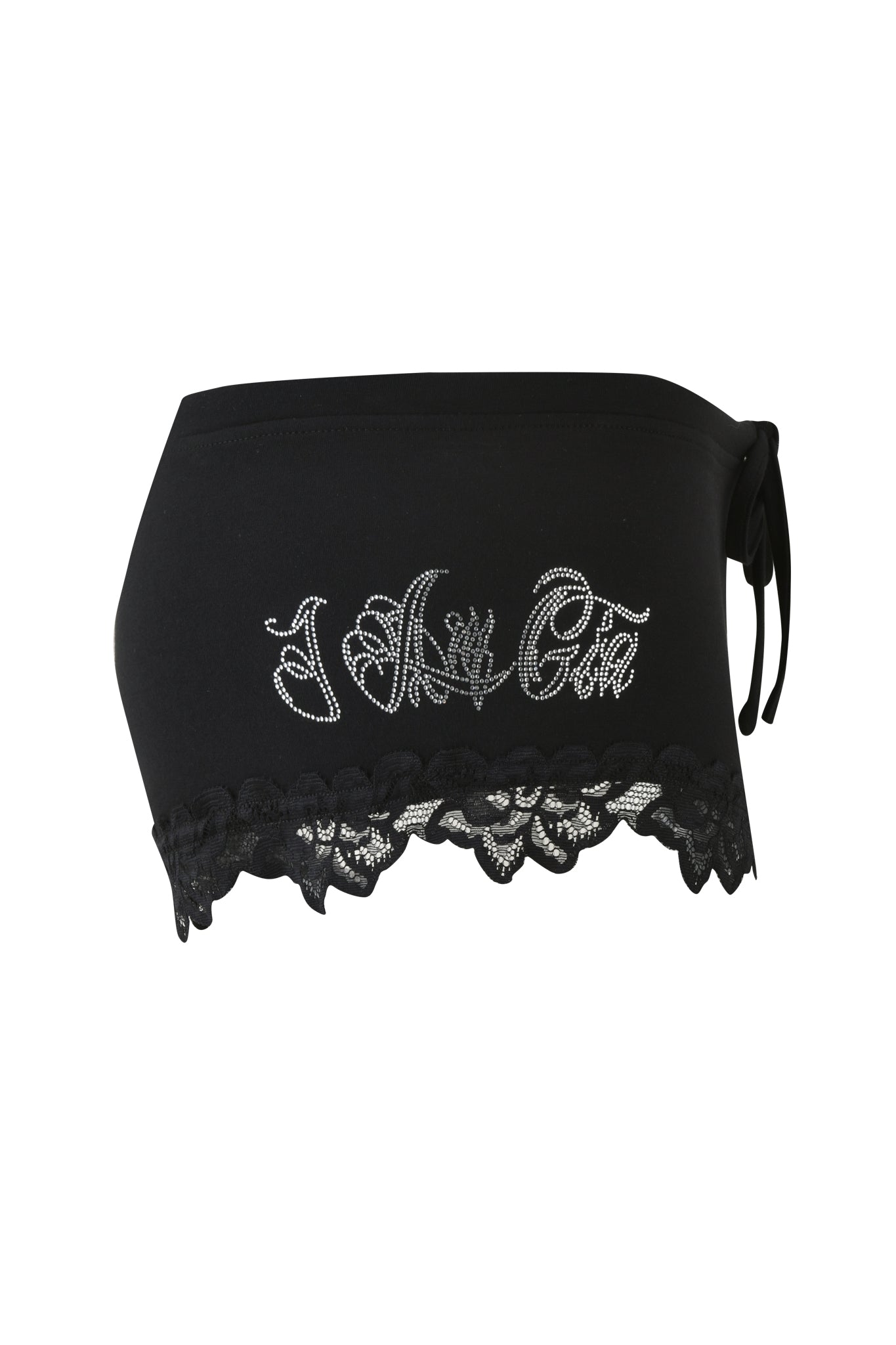 The CELESTE SHORT - BLACK by I.AM.GIA is a black strapless top with a bodycon silhouette. It features embellished lettering on the front, a side tie, and is finished with a hem accented by delicate black lace floral designs.