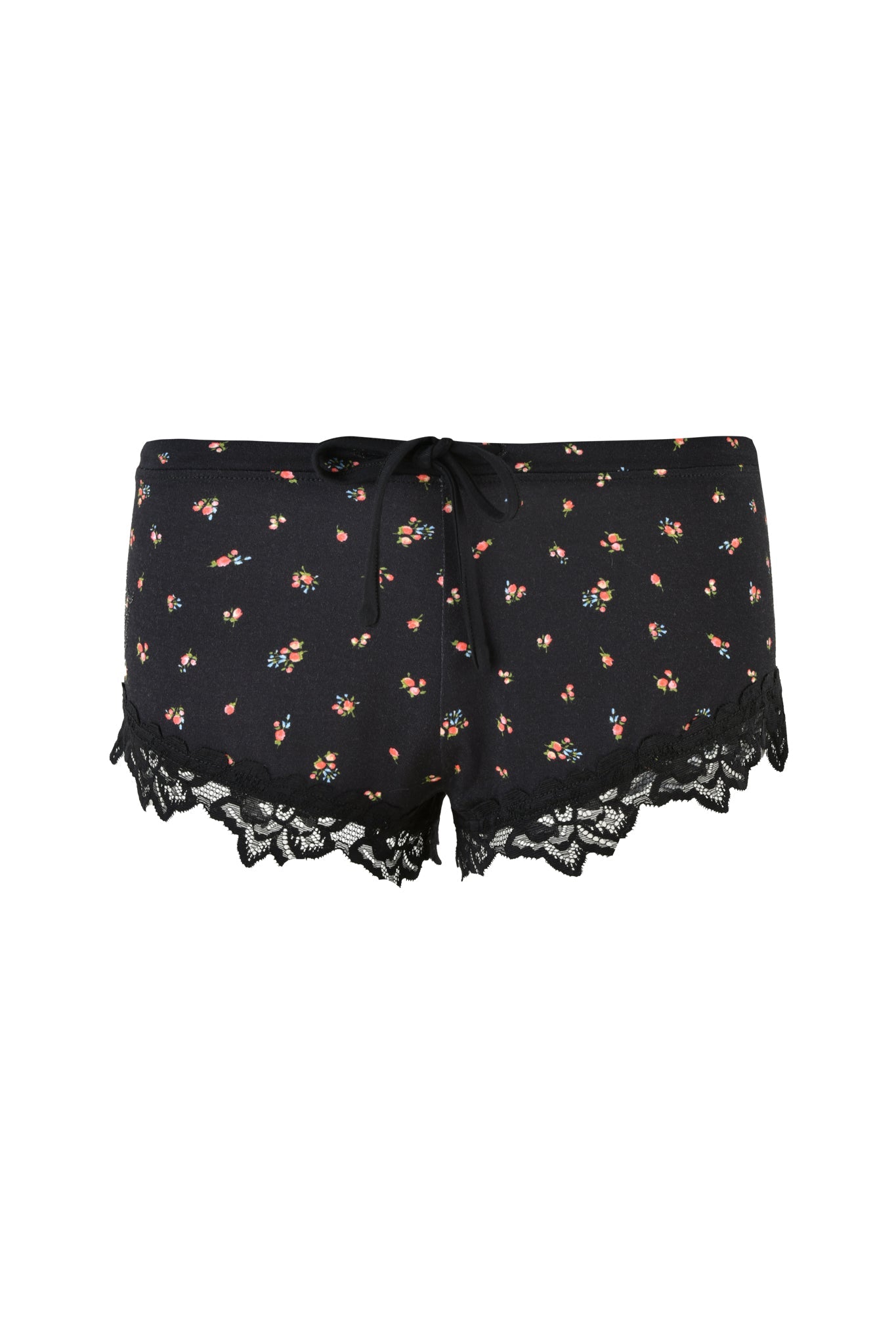 The CELESTE SHORT - BLACK : DITSY FLORAL from I.AM.GIA is a stunning piece with a small floral print, delicate lace trim, micro mini length, and a decorative waistband bow, offering a playful yet elegant bodycon silhouette for any occasion.