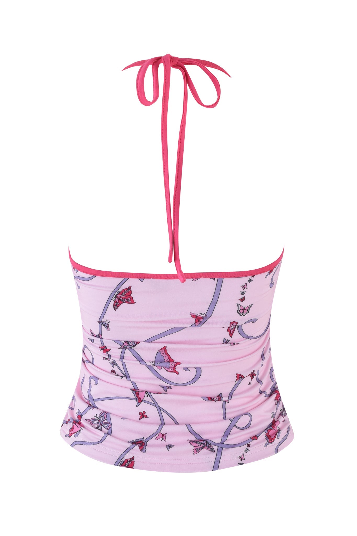 The JANNIS TANK by I.AM.GIA features a pink bodycon silhouette with floral print, thin red halter neck straps, and purple and red flower motifs on a light pink background for an elegant look.