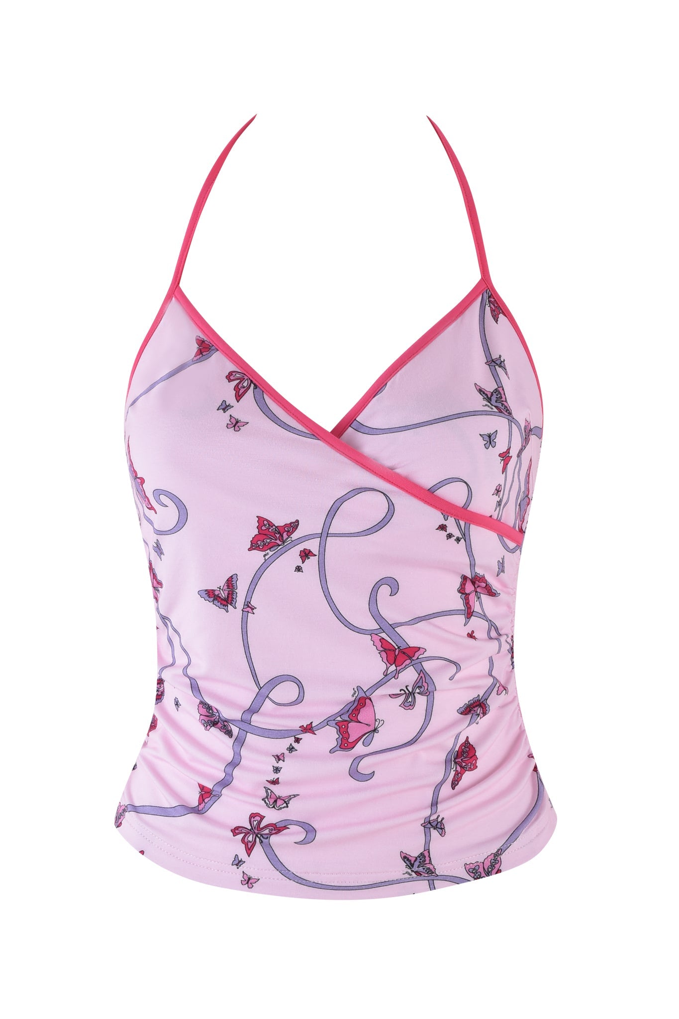 The JANNIS TANK - PINK : BUTTERFLY RIBBON from I.AM.GIA features a wrap design with purple swirls and red butterflies on a pastel background, accented by bright pink outlining the neckline and straps.