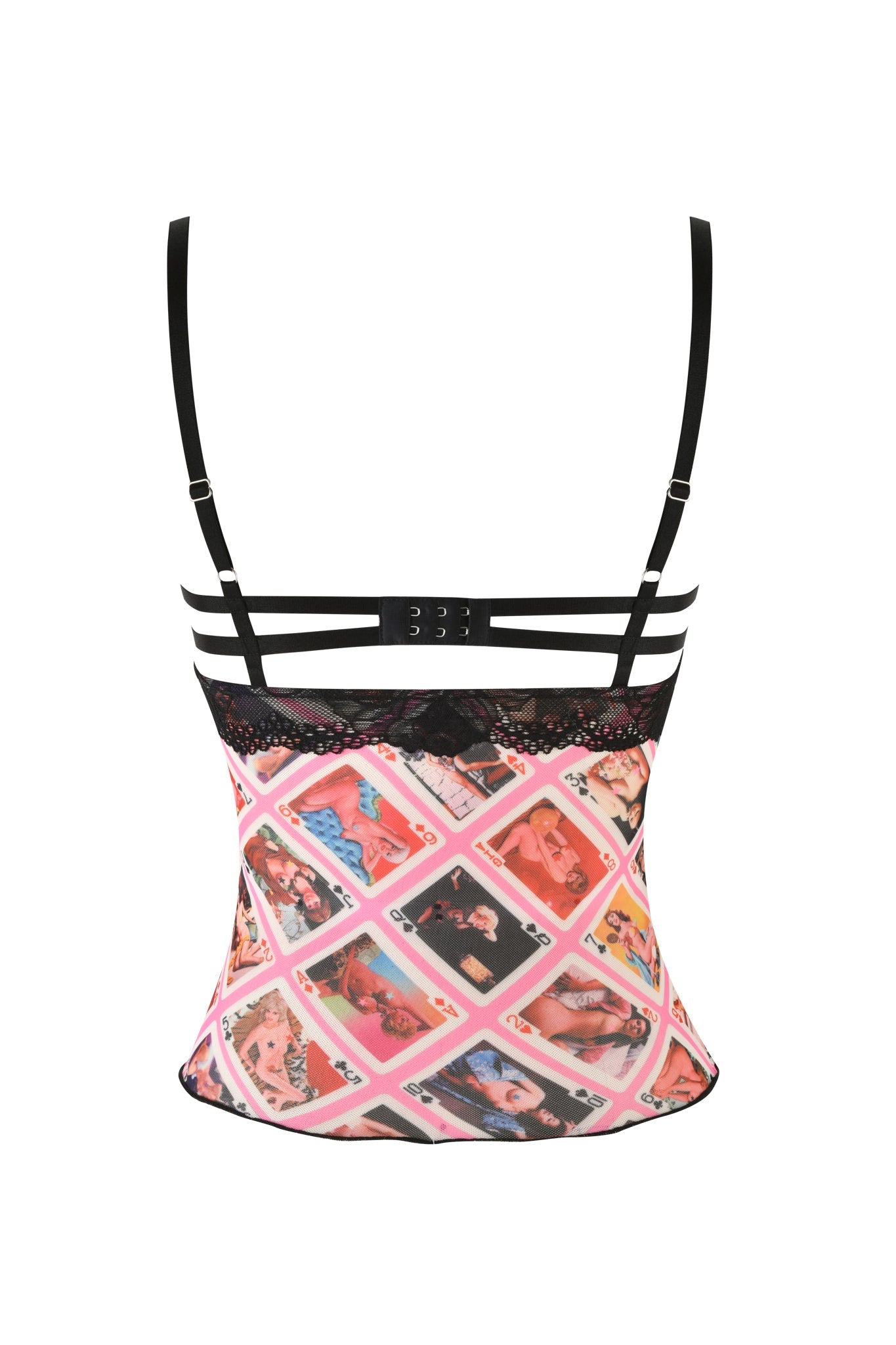 The SILO TOP - MULTI : GIA FACE CARD by I.AM.GIA features a colorful corset-style back with black straps, hook closures, vibrant face card print on a pink background, three horizontal black bands, and lace trim.
