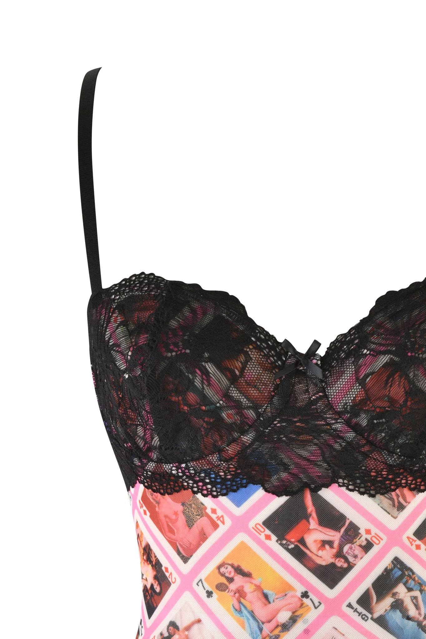 Close-up of the SILO TOP by I.AM.GIA, featuring a lingerie-inspired design with spaghetti straps and a colorful face card print. Black lace adds contrasting texture to the lower part.