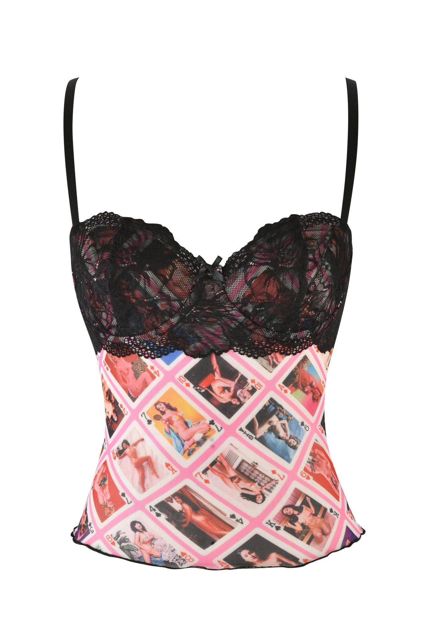 The SILO TOP - MULTI : GIA FACE CARD by I.AM.GIA features black lace cups, thin straps, and a colorful vintage pin-up girl diamond pattern on white, blending playful elegance with retro charm.