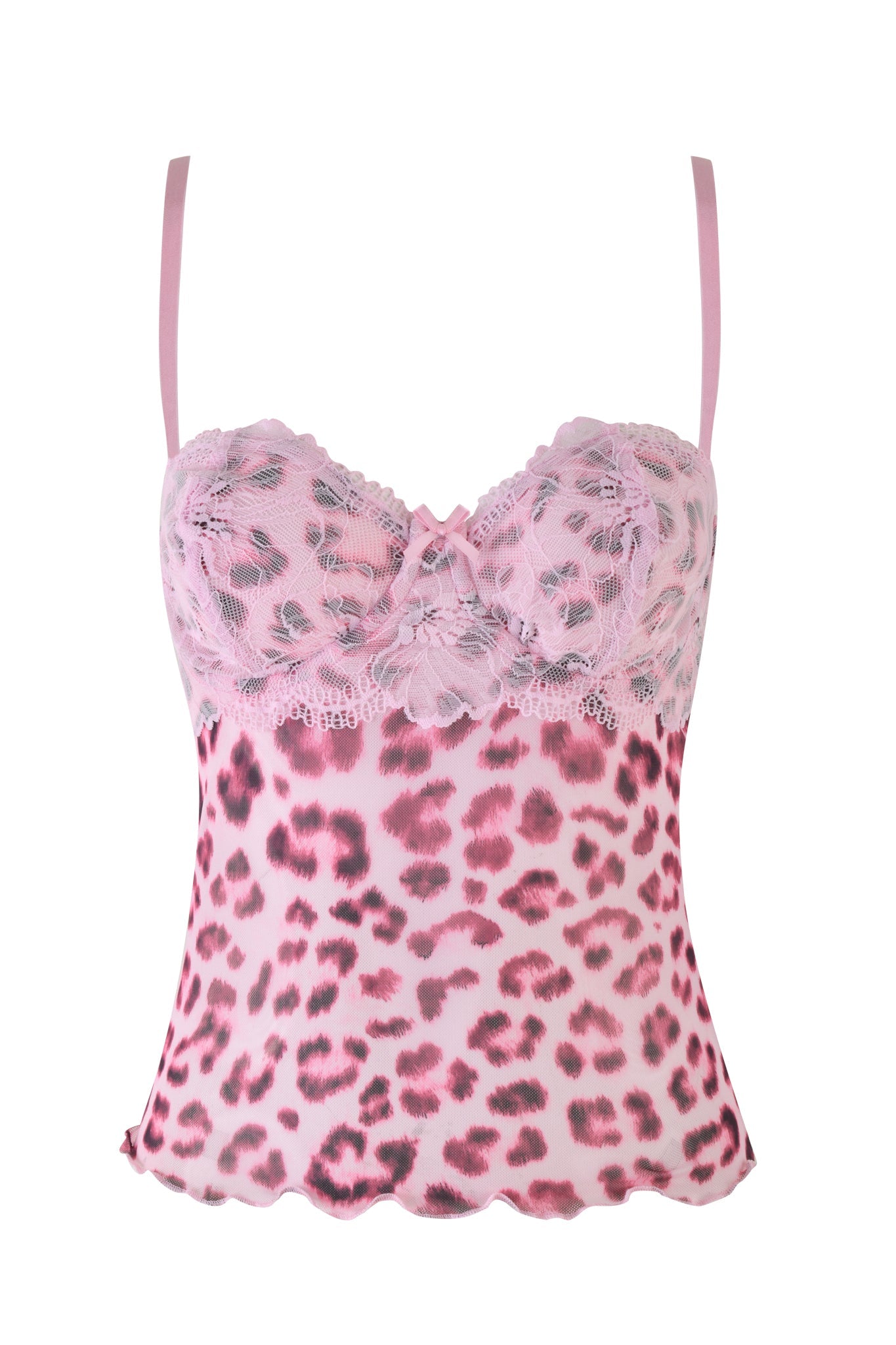The SILO TOP - PINK : LEOPARD from I.AM.GIA features a bodycon fit camisole design with lace detailing on the cups and delicate straps. This elegant pink leopard print piece showcases a wavy hemline and intricate floral lace patterns, enhanced by its alluring mesh fabrication.
