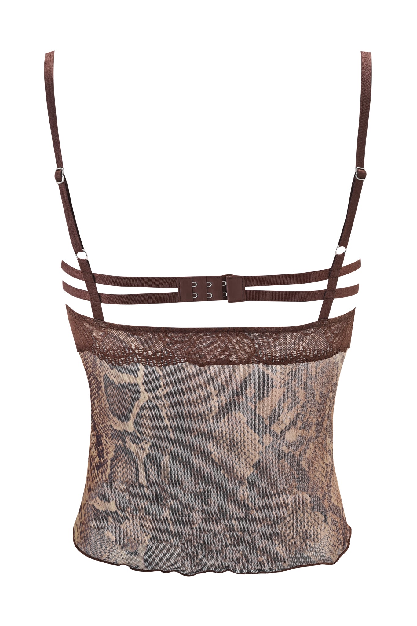 The I.AM.GIA SILO TOP - SNAKE is a brown snake-print mesh top with adjustable spaghetti straps, triple bands, a hook-and-eye closure, and lace trim along the top edge for a delicate yet bold look.