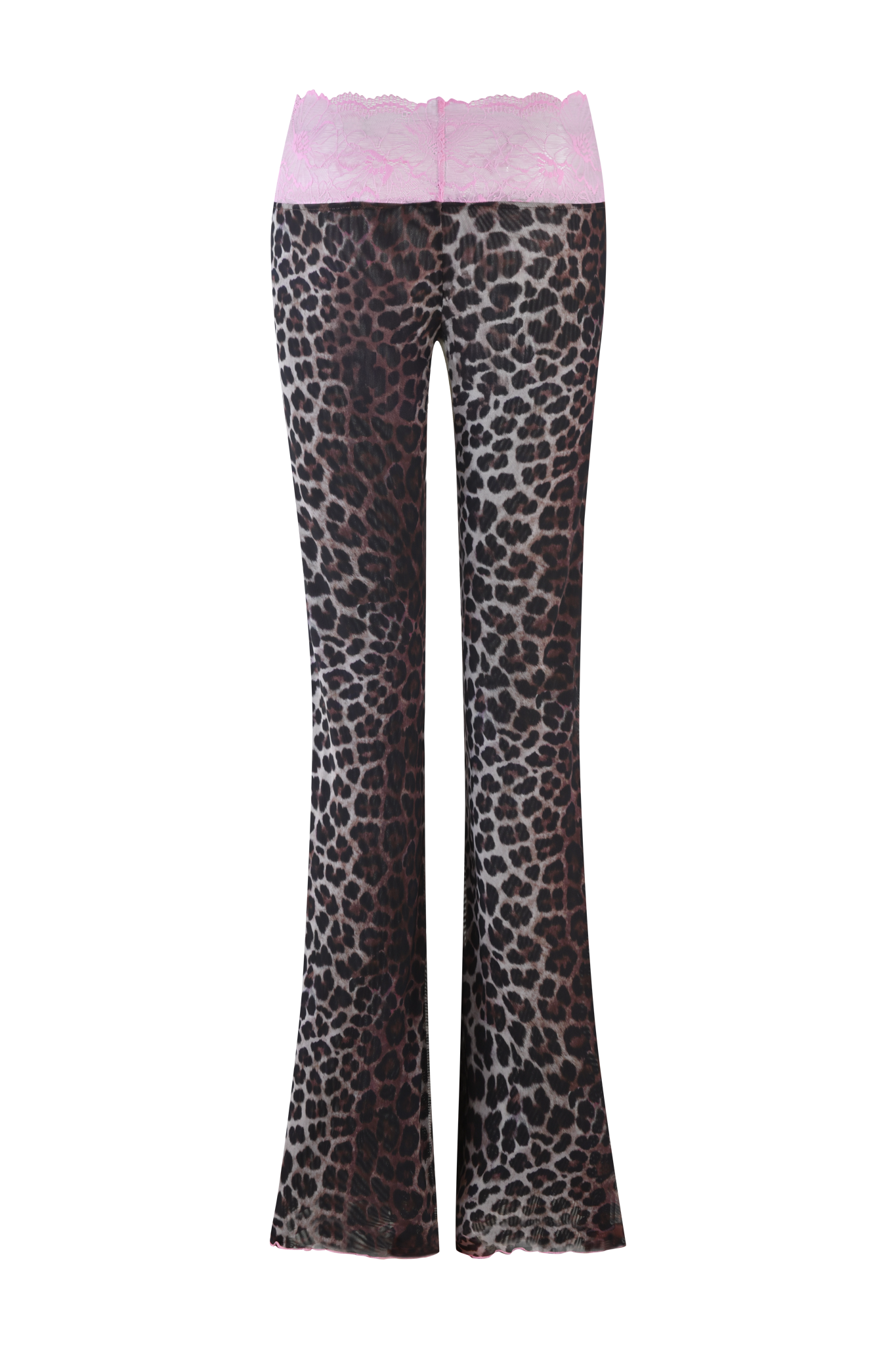 The I.AM.GIA SILO PANT - CLASSIC LEOPARD features a low-rise fit, flared legs, and a light pink lace waistband, shown against a plain background.