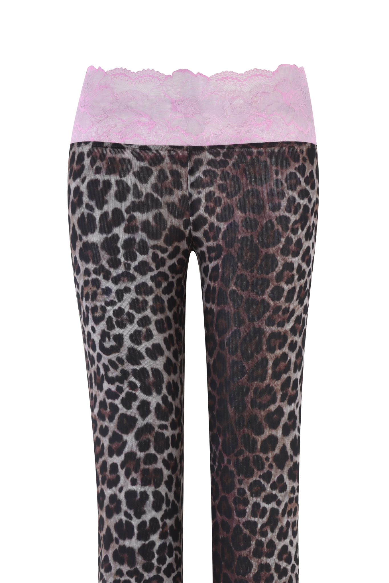 A person showcases the I.AM.GIA SILO PANT - CLASSIC LEOPARD, styled low-rise with a sheer finish and paired with a light pink lace top at the waist. The image is cropped to display only the lower torso and legs.