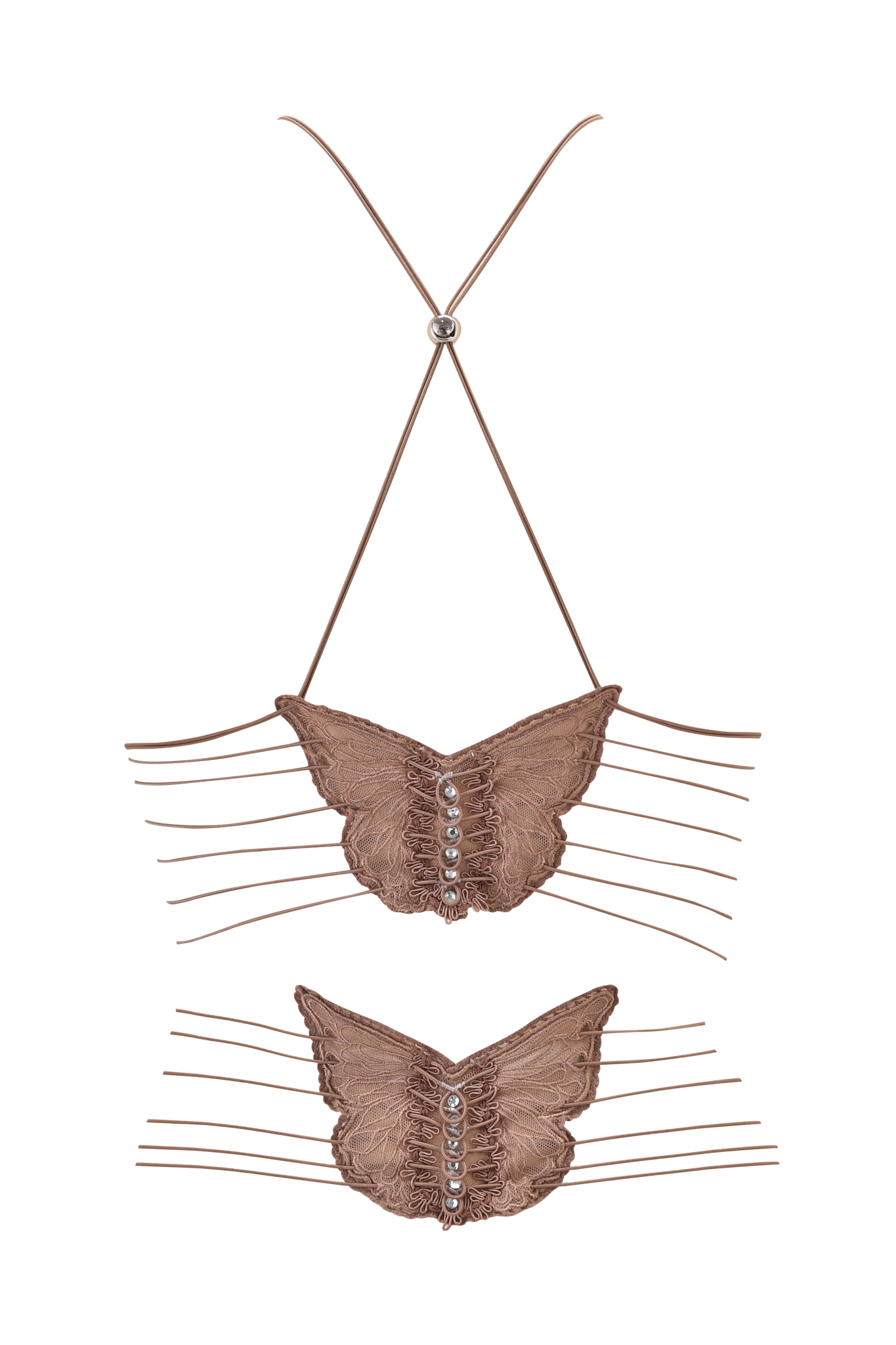 The ELLERY TOP - LEOPARD by I.AM.GIA, a brown bralette and panty set with butterfly lace, rhinestones, and thin straps, styled like the Ellery top, is displayed against a white background.