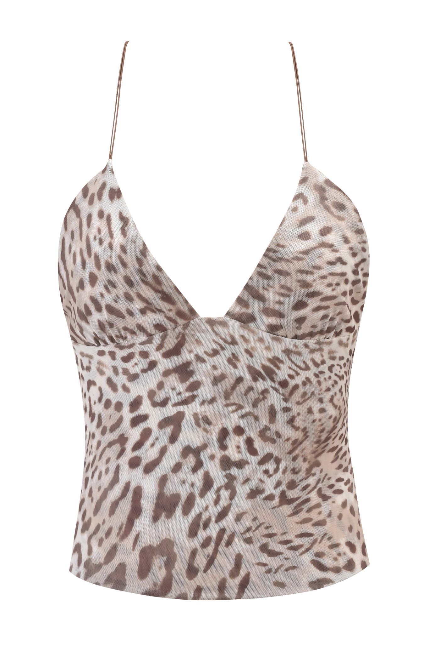 The I.AM.GIA ELLERY TOP - LEOPARD is a sleeveless, V-neck mesh top with thin spaghetti straps and a beige and brown warped leopard print.