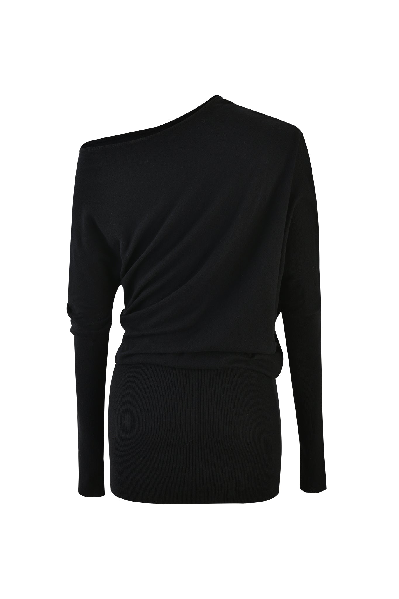 A black mini dress named the GISELLE MINI DRESS by I.AM.GIA, boasting a unique design with an asymmetrical, one-shoulder neckline. The fabric drapes elegantly across the back, and the long sleeves are form-fitting. The dress appears to be crafted from a soft, lightweight material.