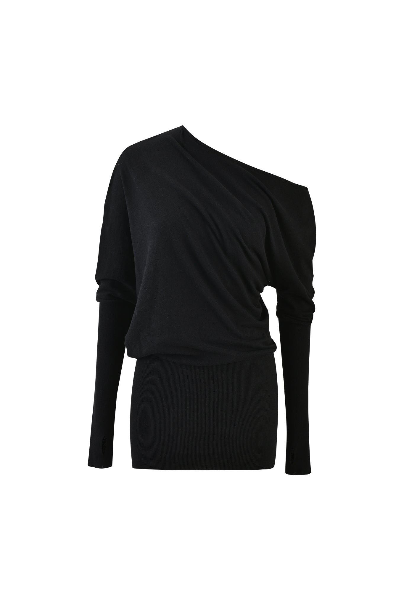 A black, I.AM.GIA GISELLE MINI DRESS is displayed against a white background. The dress features a one-shoulder, long-sleeve design with a draped front that creates a stylish, asymmetrical look. The material appears soft and slightly stretchy.