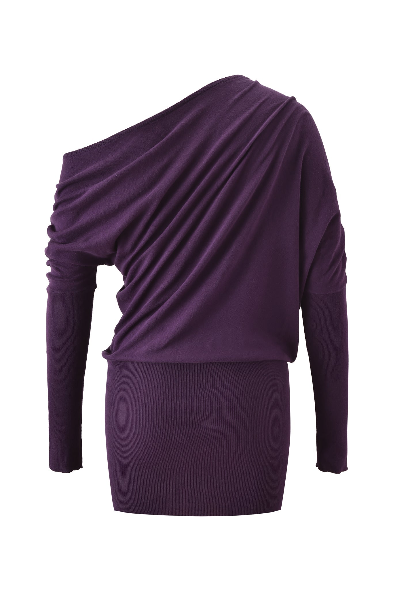 The GISELLE MINI DRESS by I.AM.GIA is a plum, off-the-shoulder, long-sleeve sweater dress featuring side ruched draping and a fitted hem, shown against a white background.