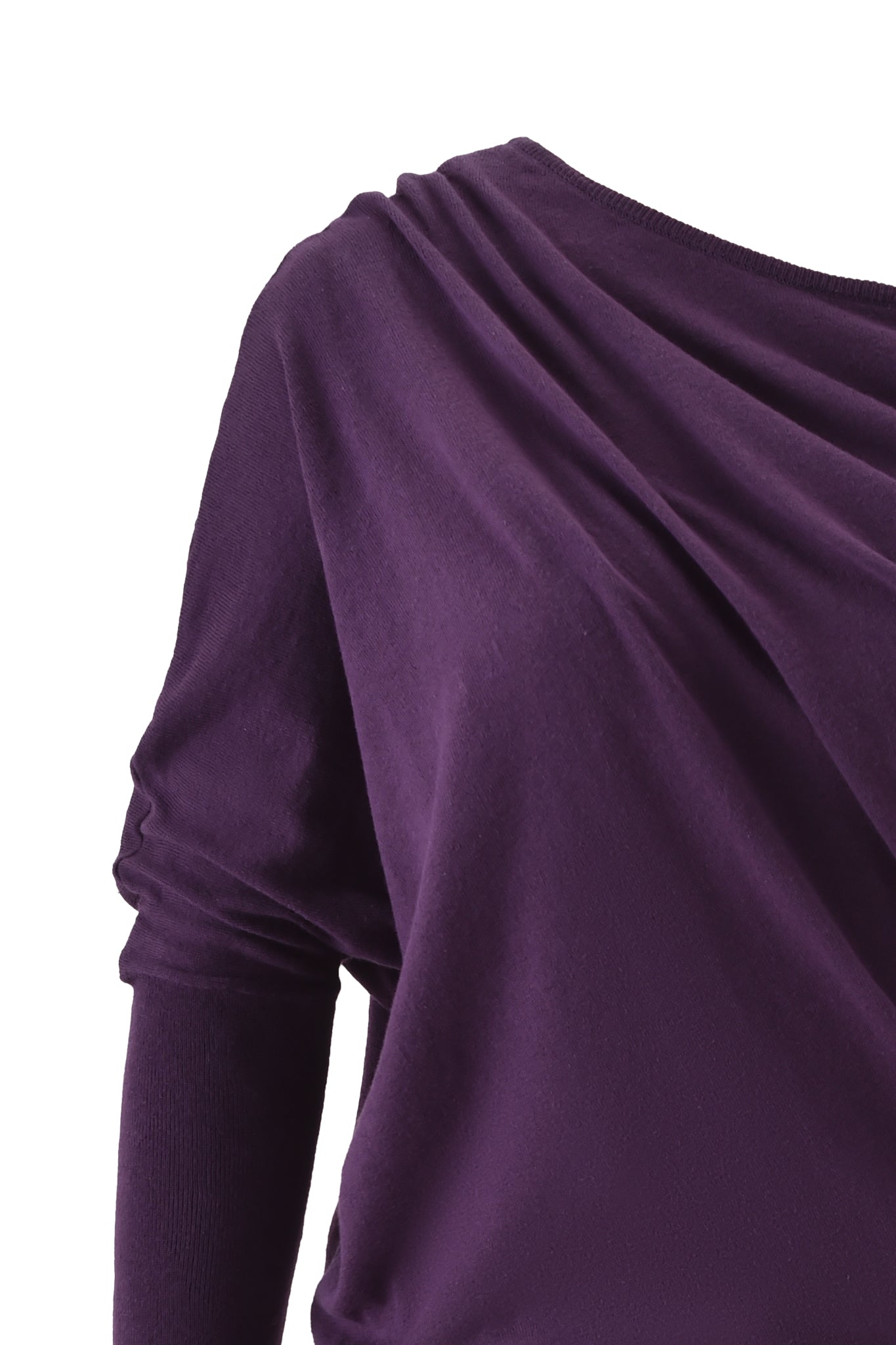 Close-up of the I.AM.GIA GISELLE MINI DRESS in plum—a long-sleeve, bodycon knit style with a draped, asymmetrical neckline—shown on a partial torso against a white background.