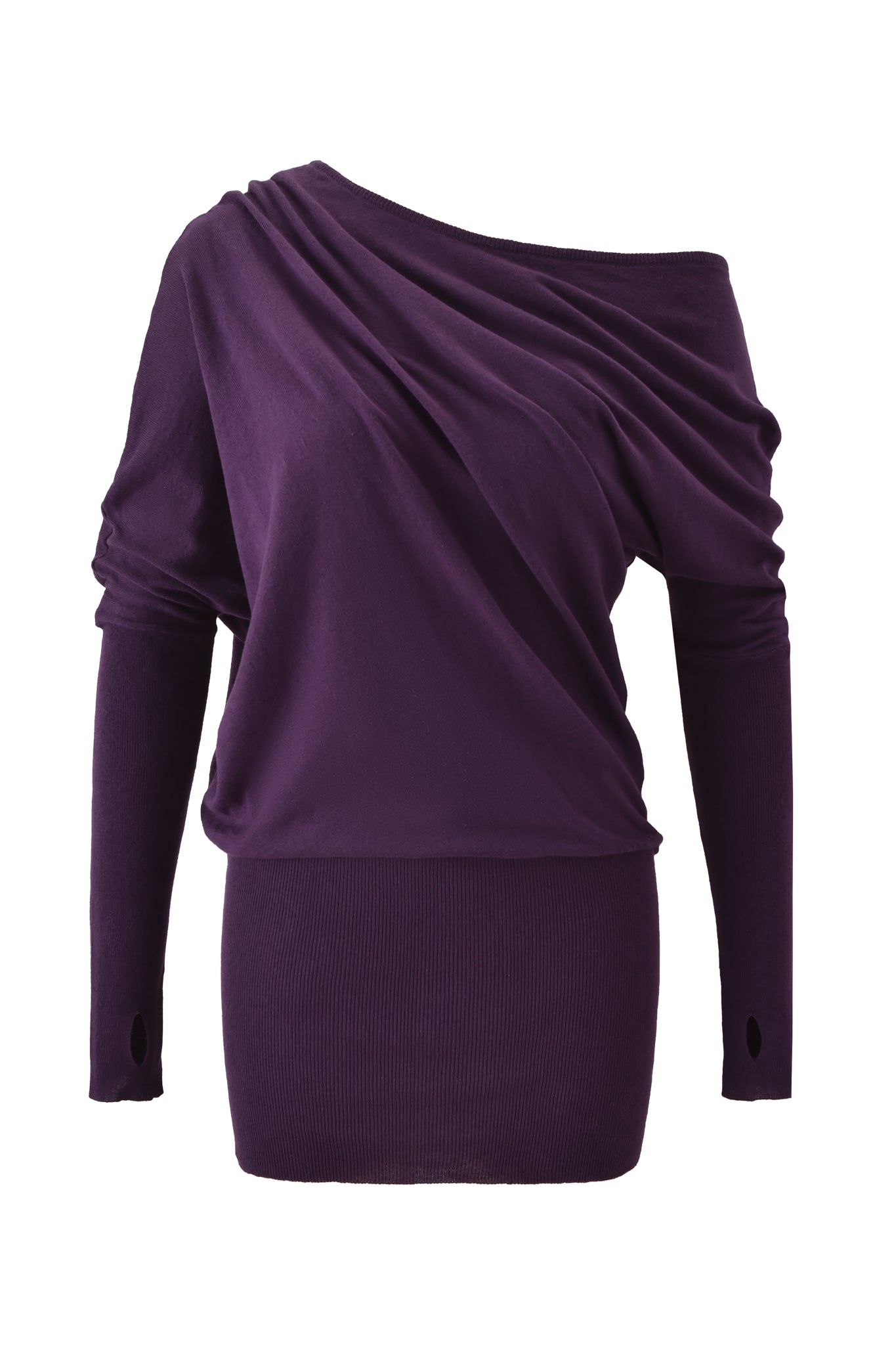 The GISELLE MINI DRESS - PLUM by I.AM.GIA features long sleeves, an off-the-shoulder asymmetrical neckline, draped chest, fitted ribbed waist, and thumb holes—adding a chic update to the classic bodycon mini dress.