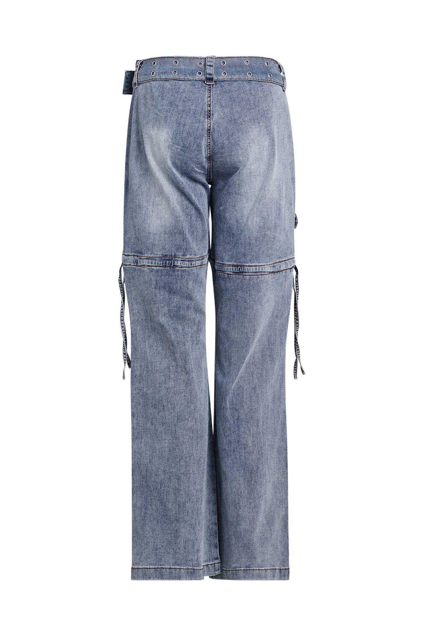 Image of the NAIMA CARGO PANT - DENIM by I.AM.GIA, seen from the back. The jeans feature a high waist with belt loops, an adjustable belt, and wide legs. There are decorative seams and straps on the knee area, and the jeans have a relaxed, loose fit.