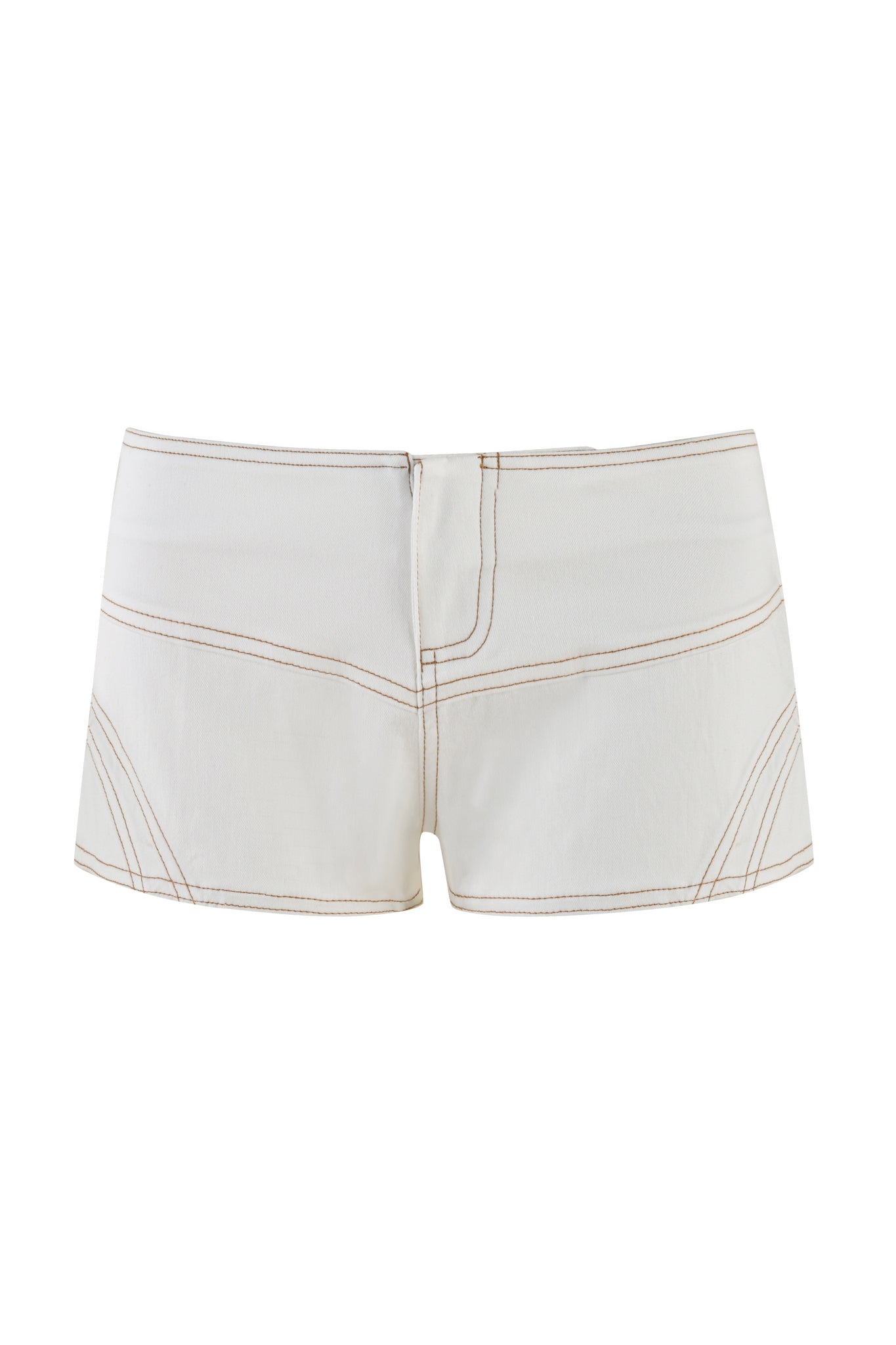 The SEQUOIA SHORT - WHITE : DENIM by I.AM.GIA are a pair of white denim micro mini shorts, accented with brown stitching. They feature a front zipper and button closure, along with side pockets. The low-rise waist adds a modern twist to the classic design. Presented on a plain white background, this garment epitomizes contemporary style.