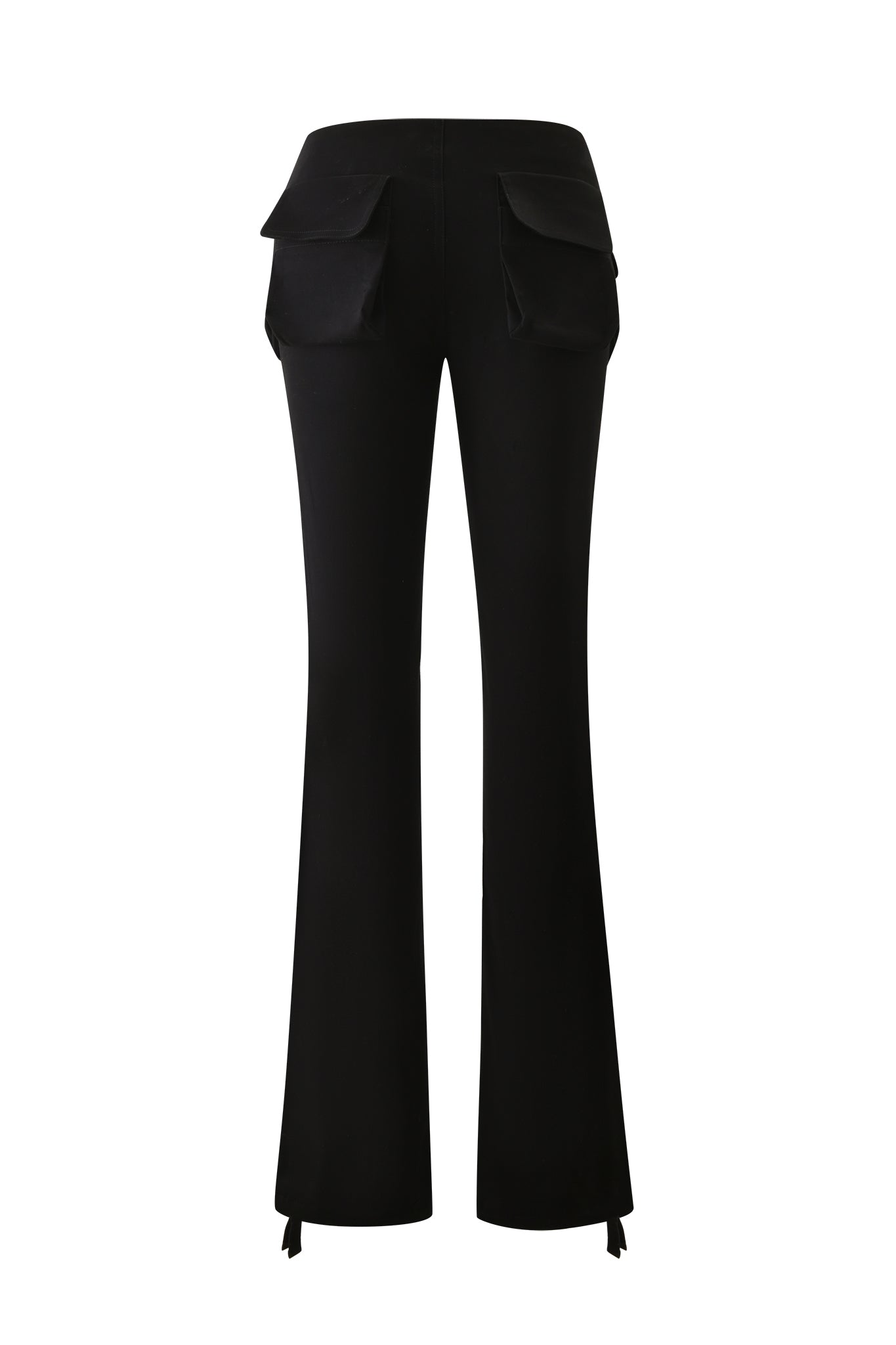 The I.AM.GIA KIMANI PANT in black features a high-waisted, flared fit with two large back flap pockets and subtle side hem slits, shown against a white background.