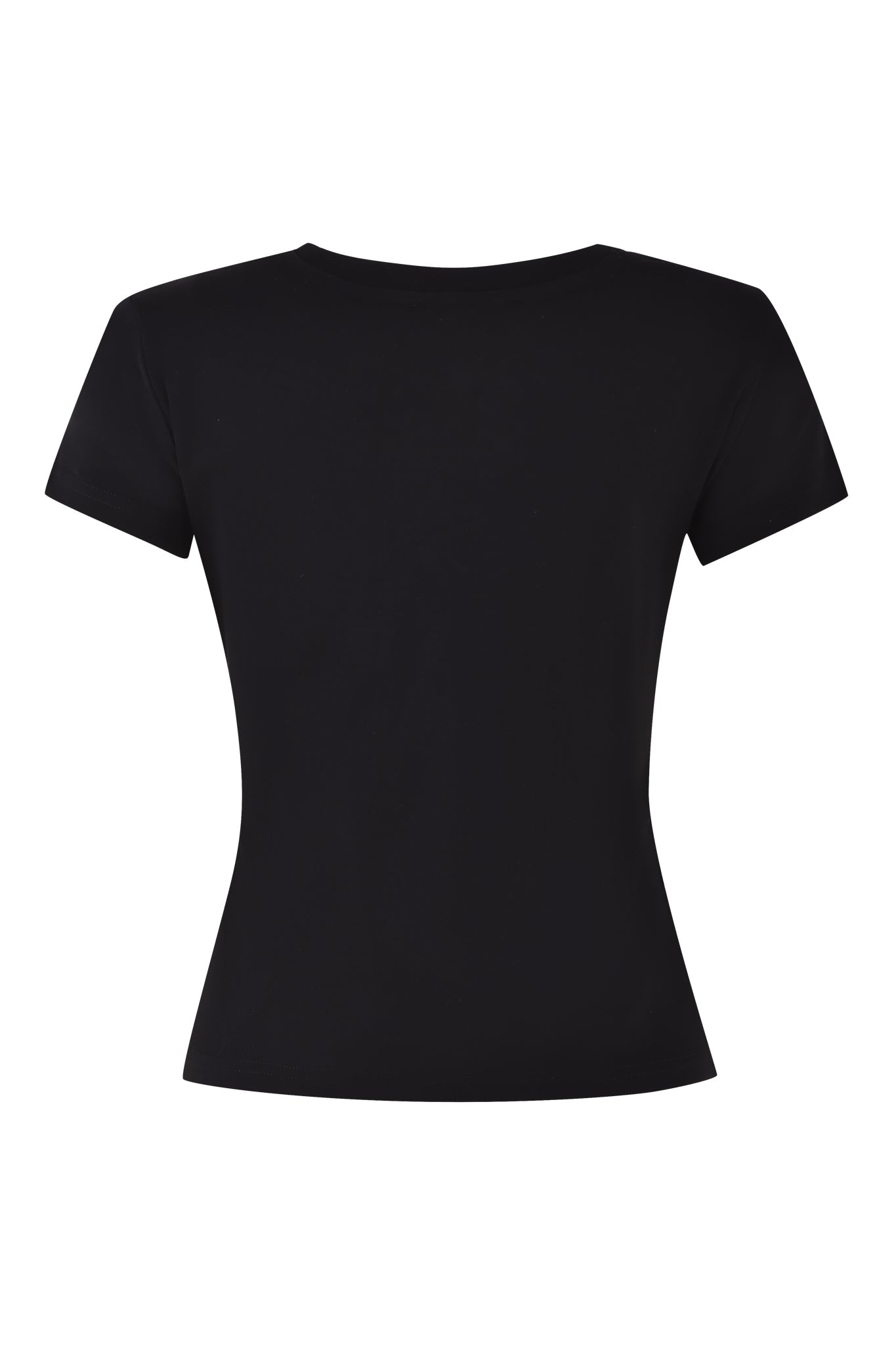 The ODEZIA TOP - BLACK:DIAMONTE by I.AM.GIA is displayed against a white background. Crafted from soft jersey fabric, this plain black baby tee for women features short sleeves and a fitted design, with no visible logos or patterns. The image shows the back view of this versatile piece.