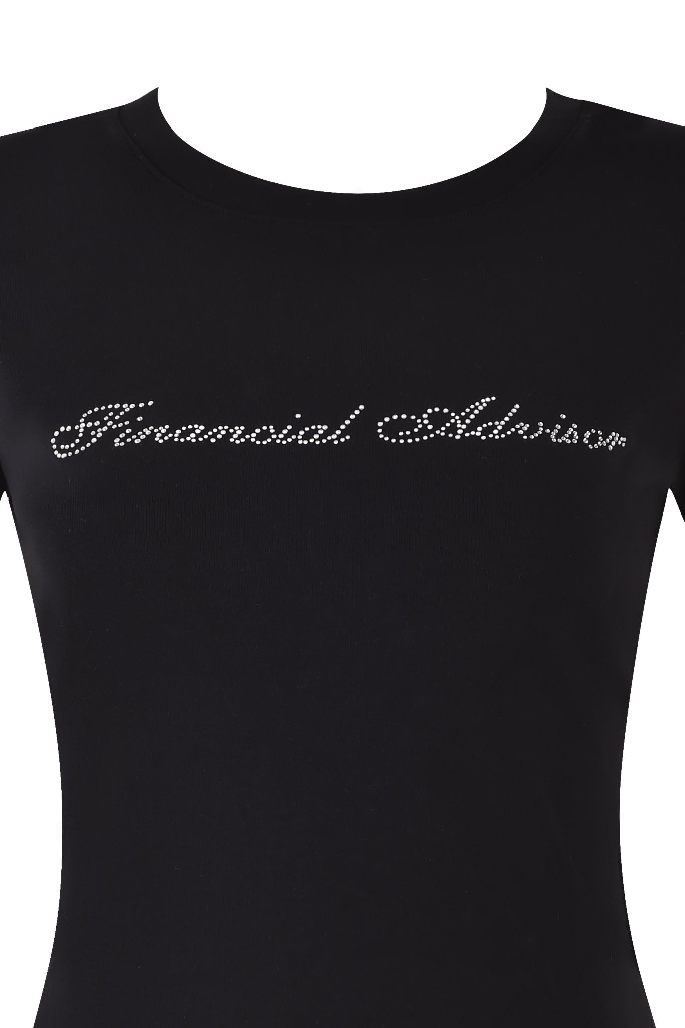 A black baby tee named the ODEZIA TOP - BLACK:DIAMONTE by I.AM.GIA, featuring "Financial Advisor" spelled out in custom diamante print across the chest. The image showcases the soft jersey fabric with a focus on the text and neckline.