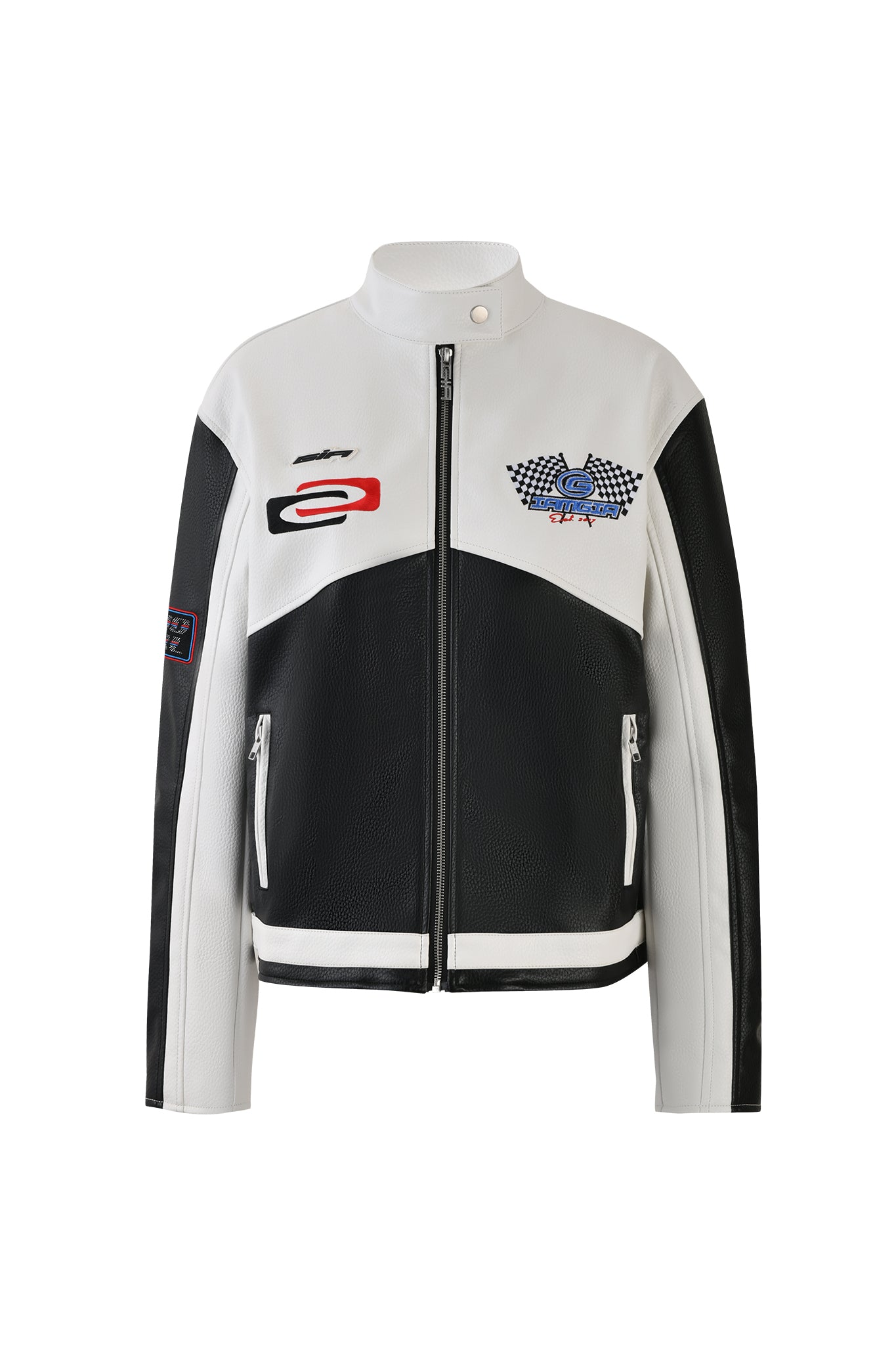 The ROXY JACKET - WHITE from I.AM.GIA is a black and white leather racing jacket adorned with various embroidered logos and patches on the chest and sleeves. It features a front zipper, stand-up collar, and zippered pockets.