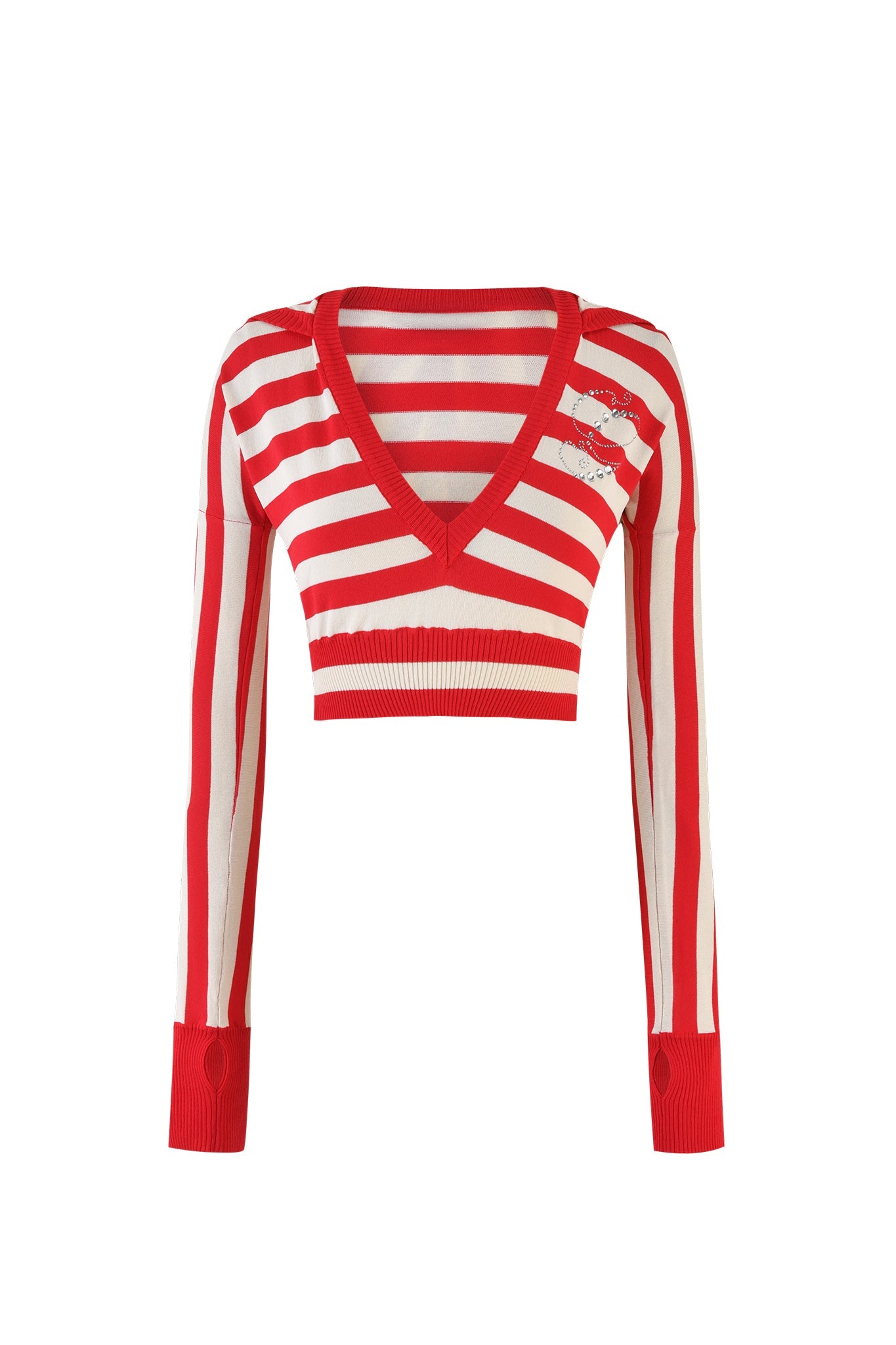 The SUZI SWEATER - RED : STRIPE by I.AM.GIA is a cropped long-sleeve sweater with alternating red and white horizontal stripes, featuring a deep V-neck, red cuffs, and a small white design on the left side of the chest.