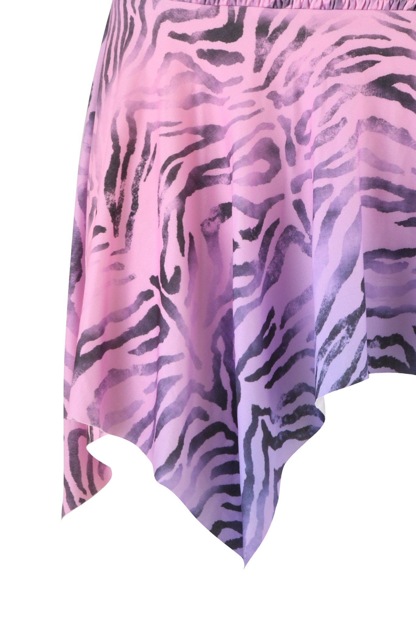A close-up view of the NAIA SKIRT - PURPLE : ZEBRA by I.AM.GIA reveals a striking fabric with a bold pink and black tiger stripe pattern. The material boasts a flowing design with an irregular hem, making it perfect for a trendy mini skirt that showcases vibrant animal print.