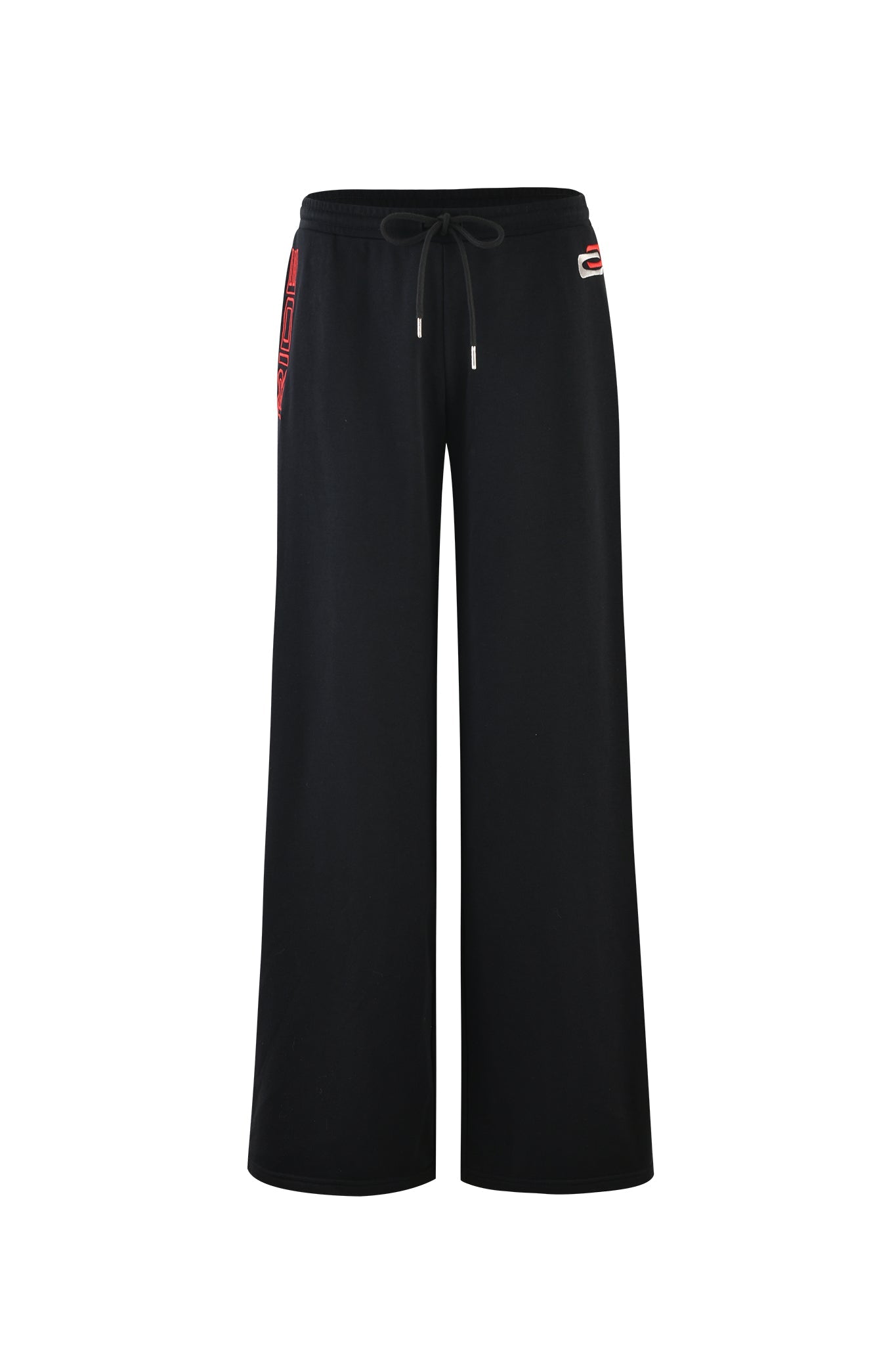 The JUSTINE PANT - BLACK by I.AM.GIA is a pair of black wide-leg pants featuring an elastic drawstring waistband. Red and white accents near the pockets and on the waistband add a touch of color to the overall sleek design.