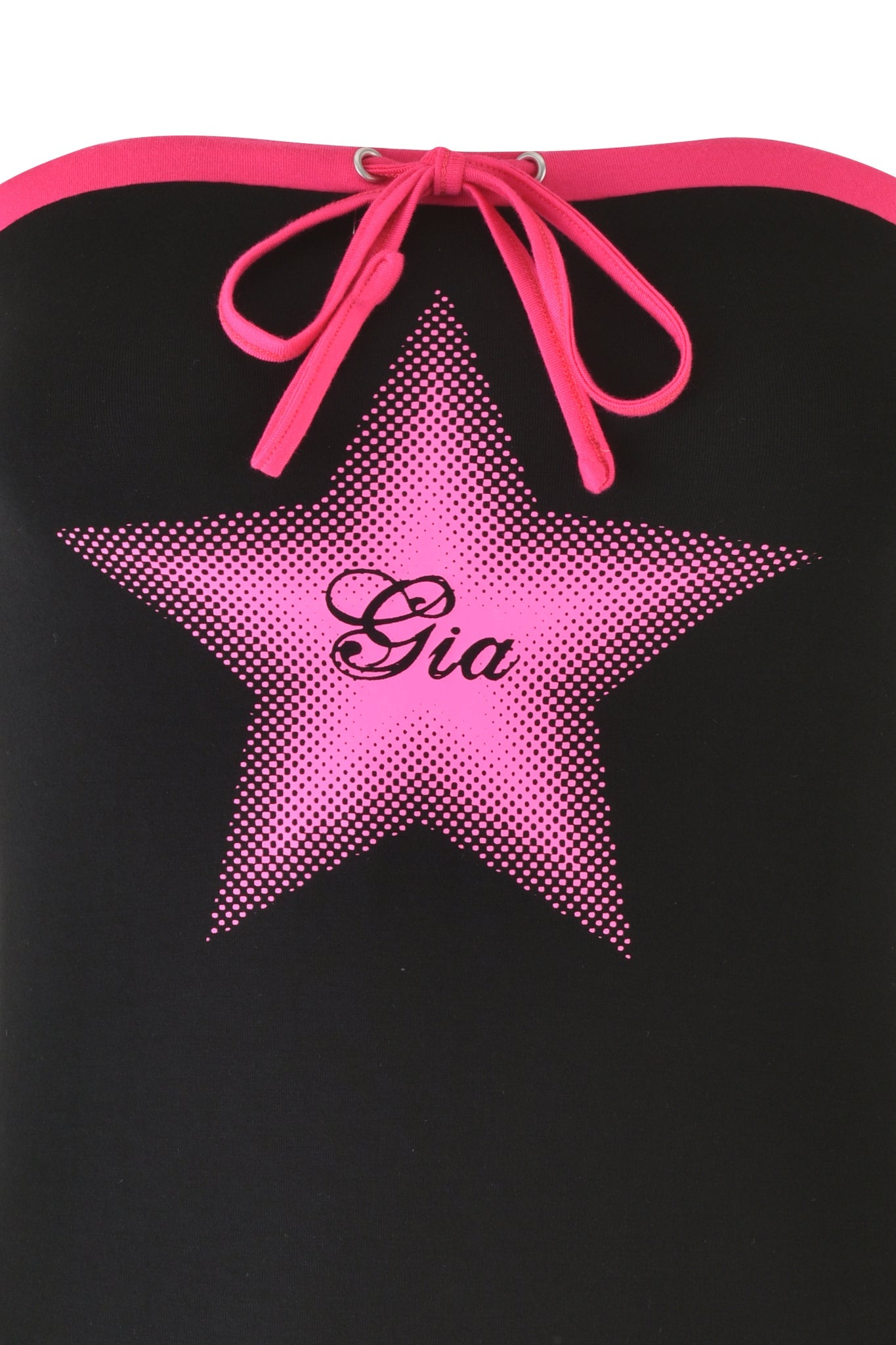 Introducing the MICHELLE BOOB TUBE - BLACK by I.AM.GIA, featuring custom Gia star artwork with a pink star and "Gia" at its center. This bodycon fit top is accented with pink trim and includes a delicate pink string tie at the neckline, ensuring both style and comfort.