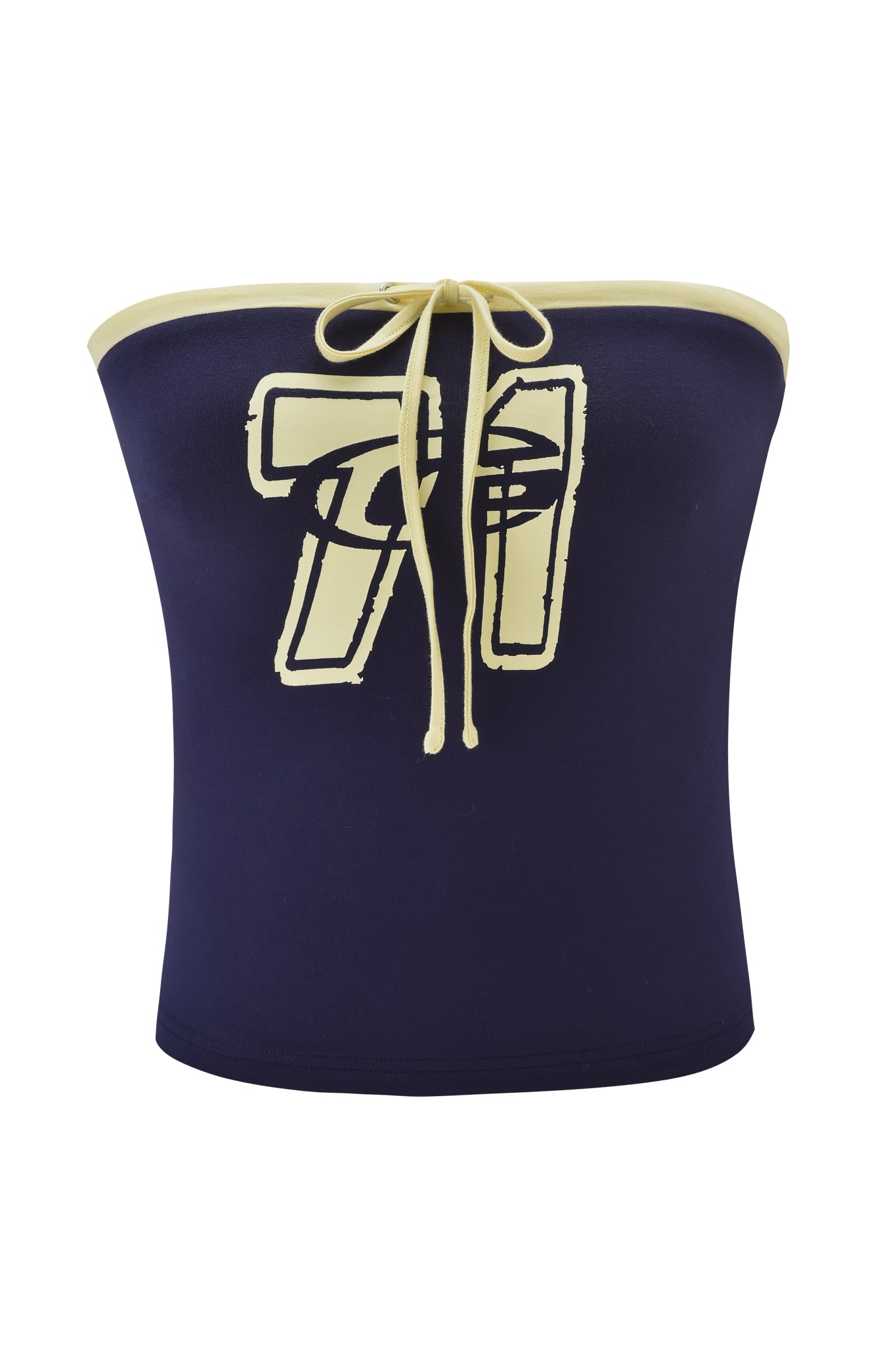 The MICHELLE BOOB TUBE - NAVY by I.AM.GIA is a strapless bodycon top with yellow trim, a front tie, and a bold yellow "71" and abstract eye graphic on the front.