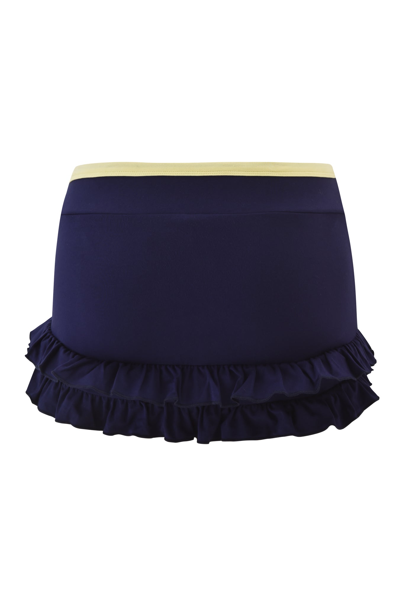The MICHELLE SKORT - NAVY by I.AM.GIA is a navy blue low-rise skort with a yellow waistband and layered ruffle hem, shown against a plain white background.
