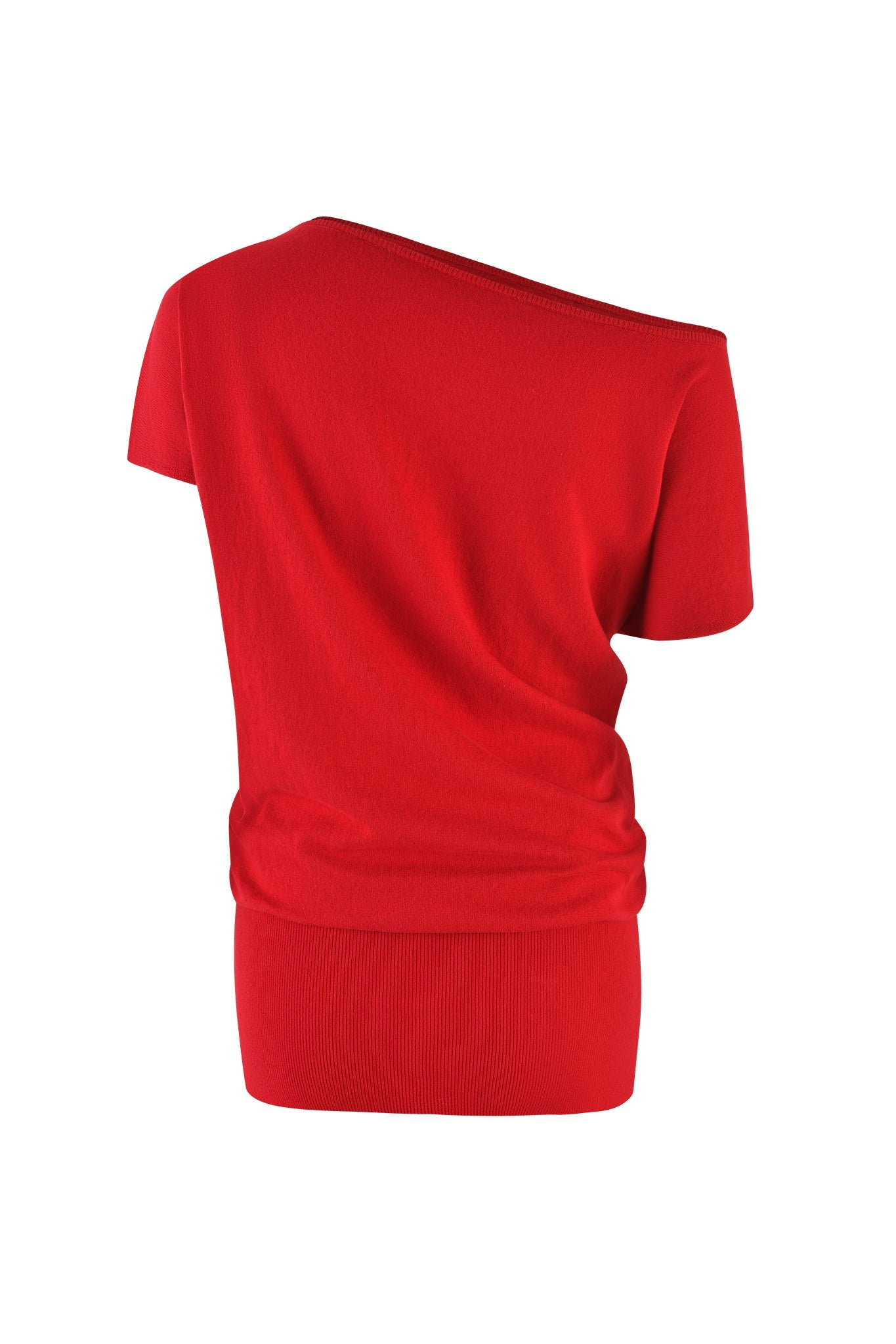 The GISELLE SHORT SLEEVE MINI DRESS - RED by I.AM.GIA is displayed from the back. Crafted from soft fabric, this dress features a fitted bottom hem that hugs the waist. The design is simple and elegant with a relaxed fit.