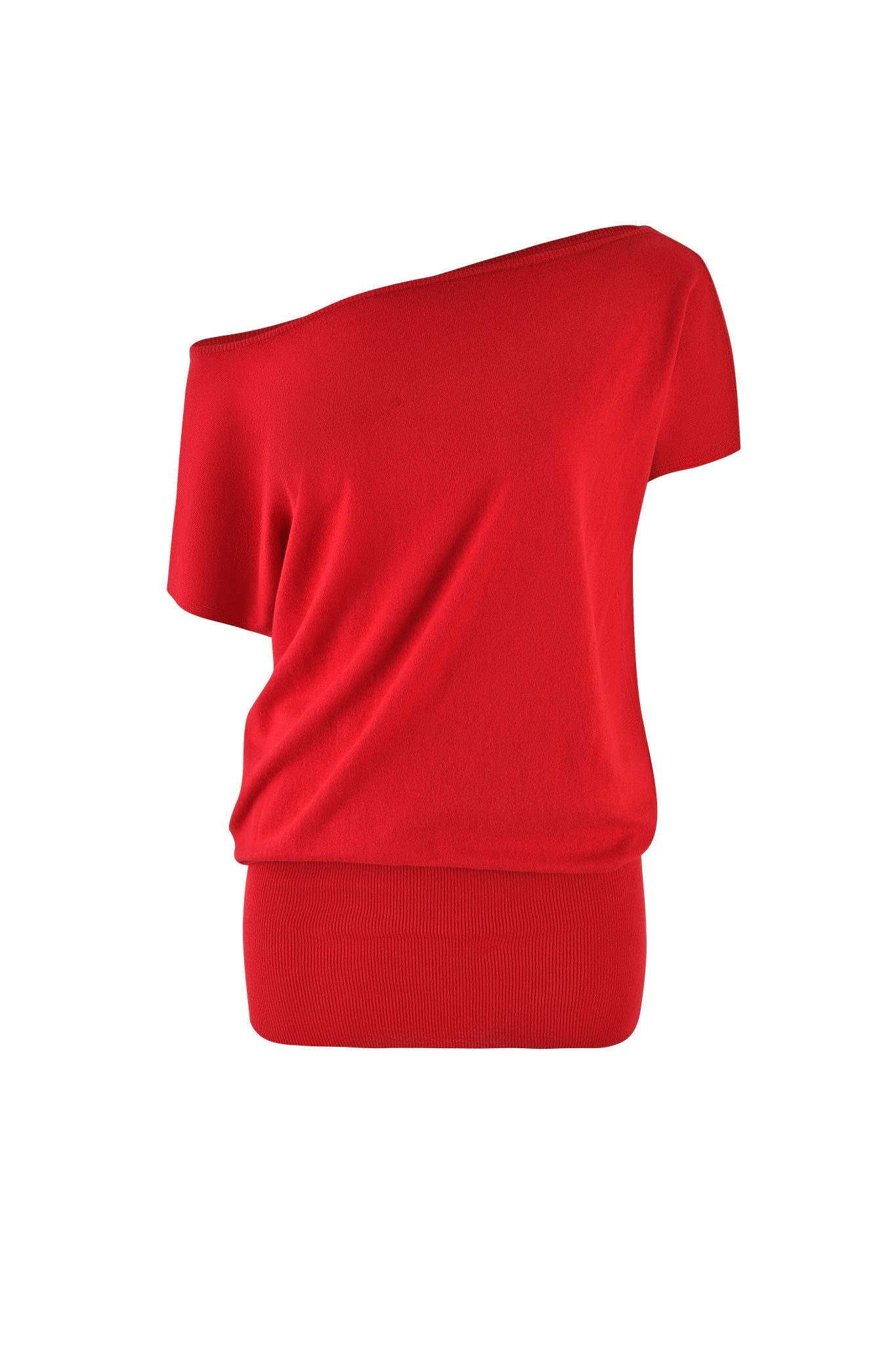A red, off-the-shoulder mini dress from I.AM.GIA with short sleeves and a fitted waist. The fabric appears to be soft and slightly draped, giving a relaxed yet stylish look. The dress has a smooth, solid red color with no visible patterns or embellishments.