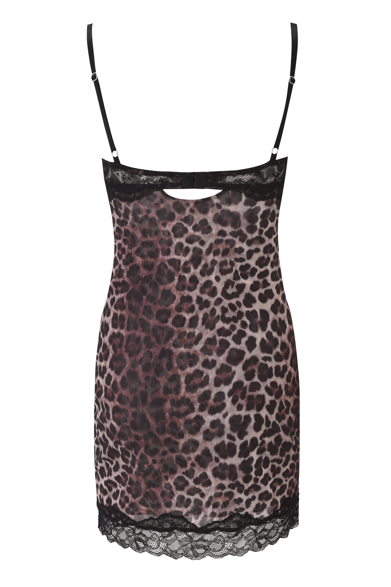 The CALYPSO MINI DRESS - LEOPARD by I.AM.GIA is a sheer leopard print mini dress with thin adjustable straps, black lace hem trim, and a small black bow at the top. Shown on a plain white background.